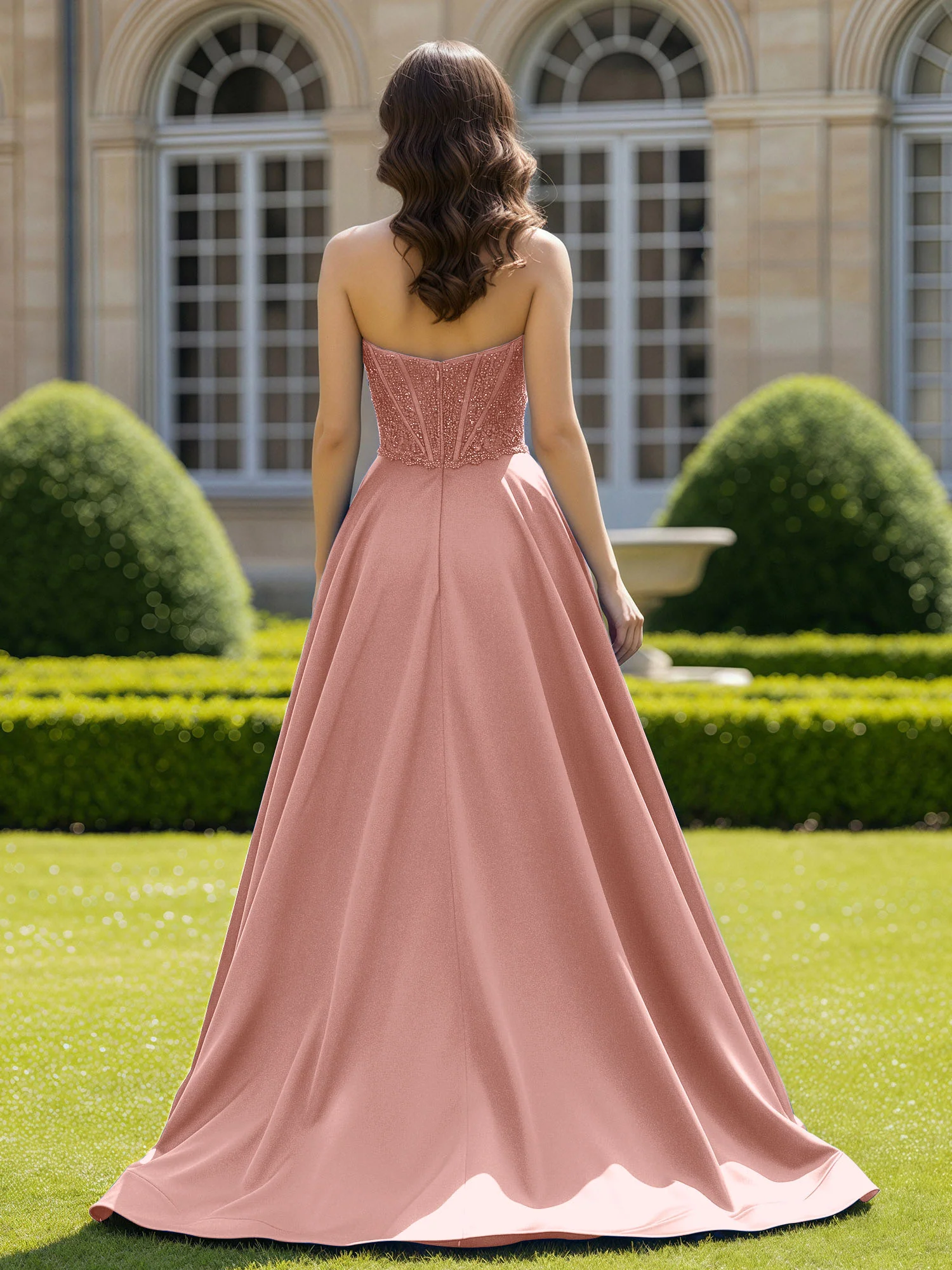 Satin Strapless Ball Gown Appliqued Prom Dress With Sweep Train Dusty Rose - Image 2