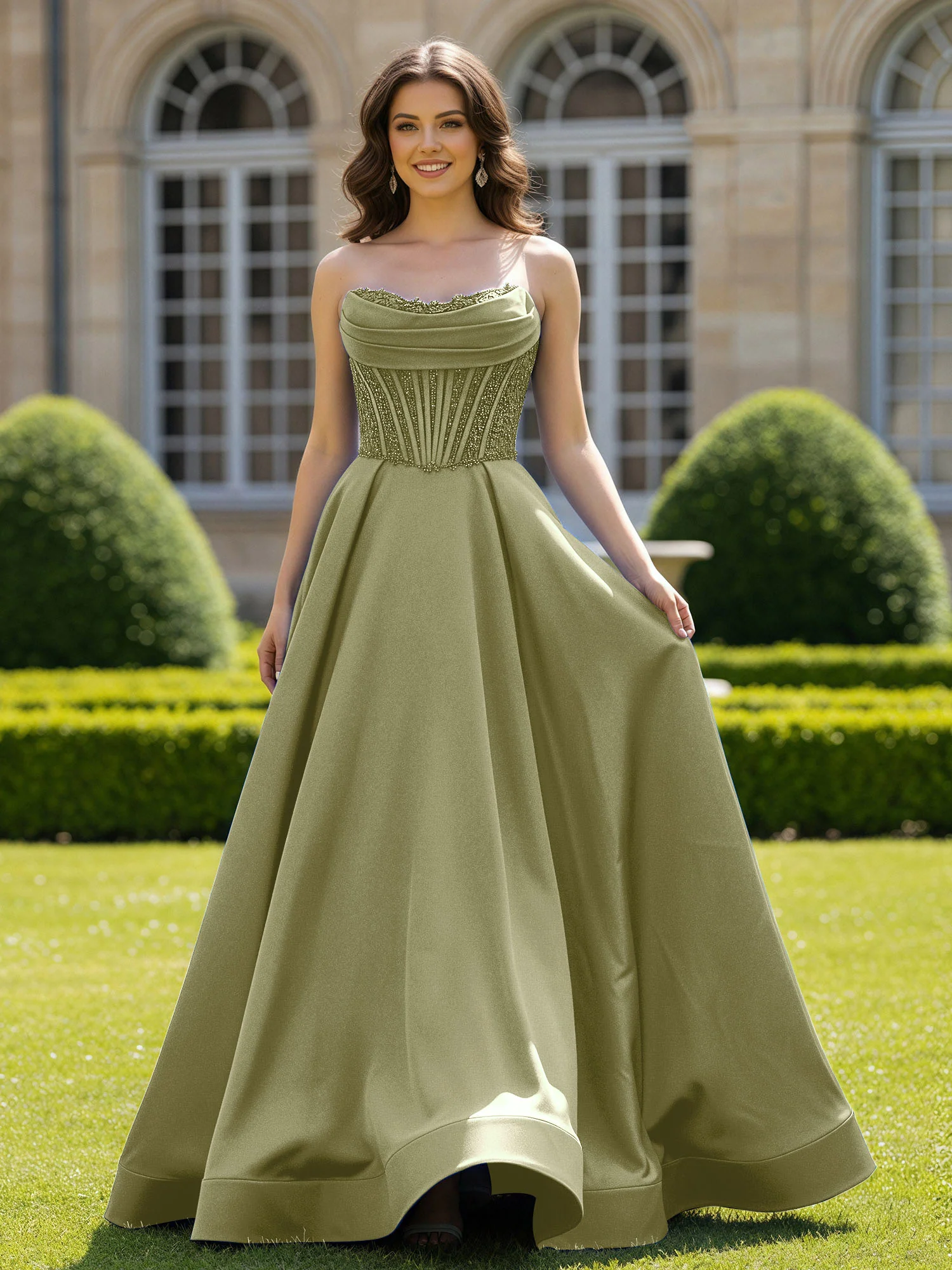 Satin Strapless Ball Gown Appliqued Prom Dress With Sweep Train Dusty Sage