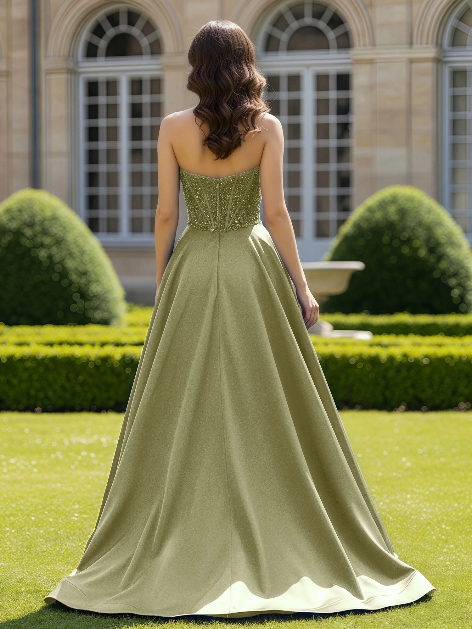 Satin Strapless Ball Gown Appliqued Prom Dress With Sweep Train Dusty Sage - Image 2