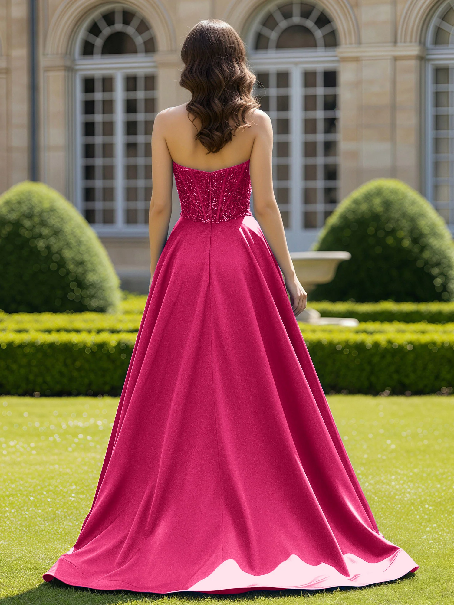Satin Strapless Ball Gown Appliqued Prom Dress With Sweep Train Fuchsia - Image 2
