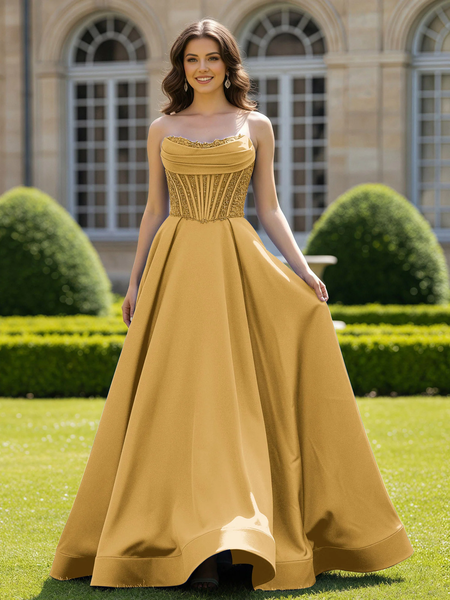 Satin Strapless Ball Gown Appliqued Prom Dress With Sweep Train Gold