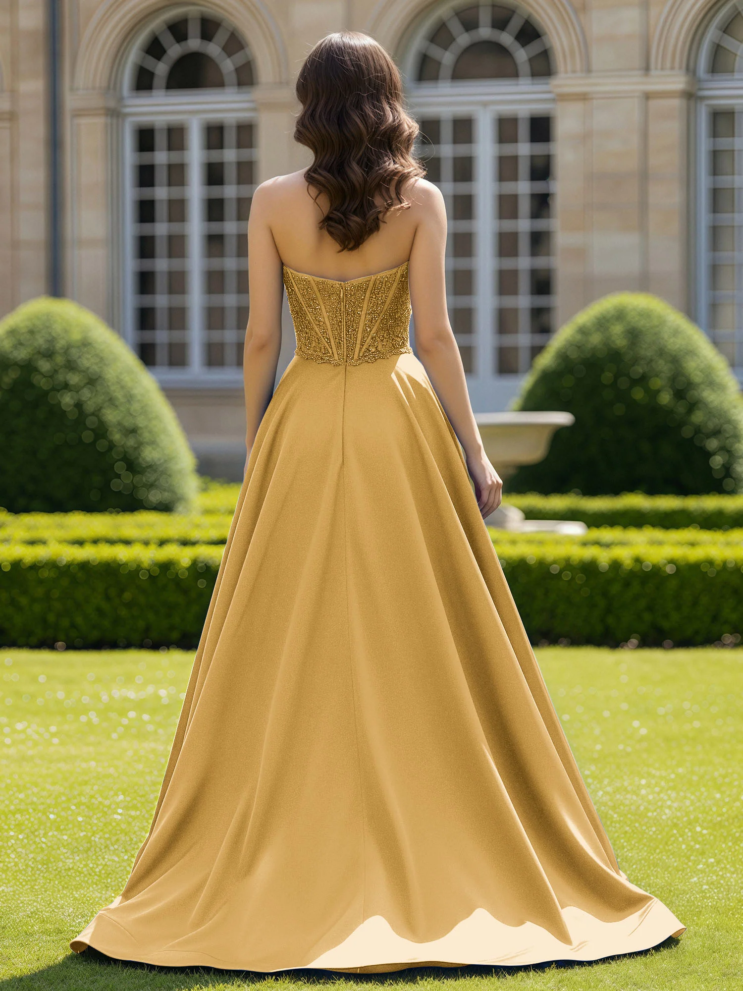 Satin Strapless Ball Gown Appliqued Prom Dress With Sweep Train Gold - Image 2