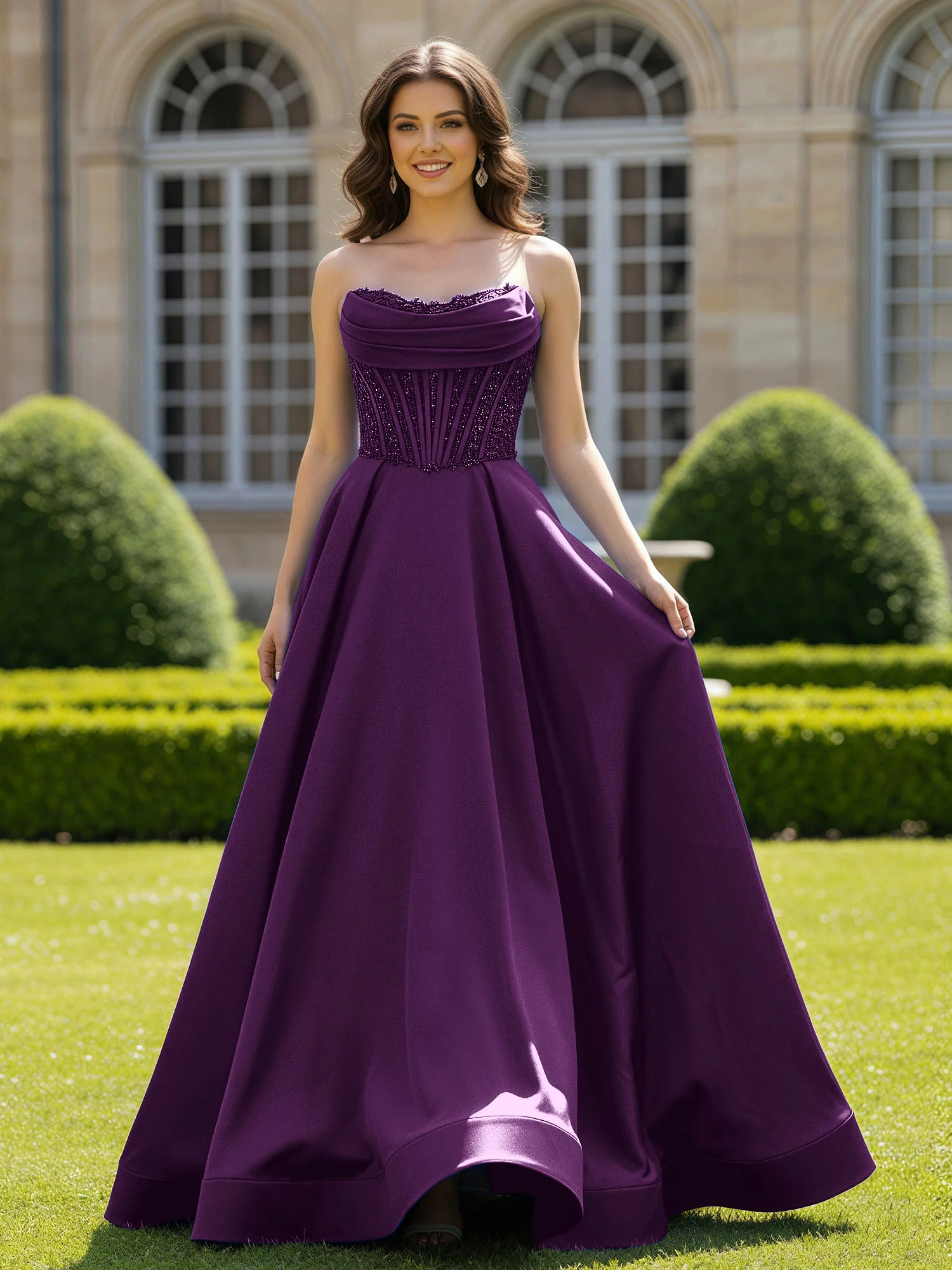 Satin Strapless Ball Gown Appliqued Prom Dress With Sweep Train Grape