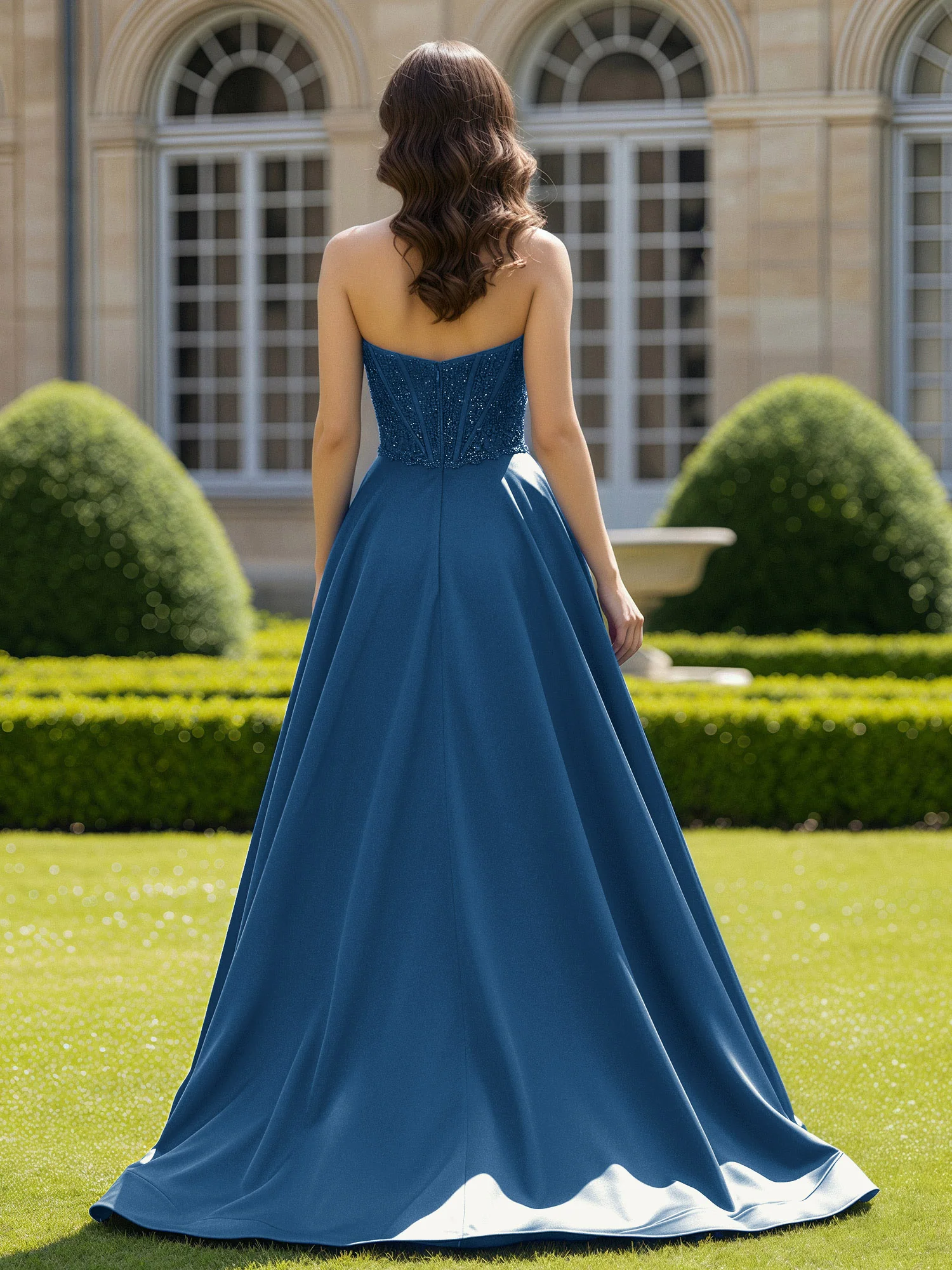 Satin Strapless Ball Gown Appliqued Prom Dress With Sweep Train Ink Blue - Image 2