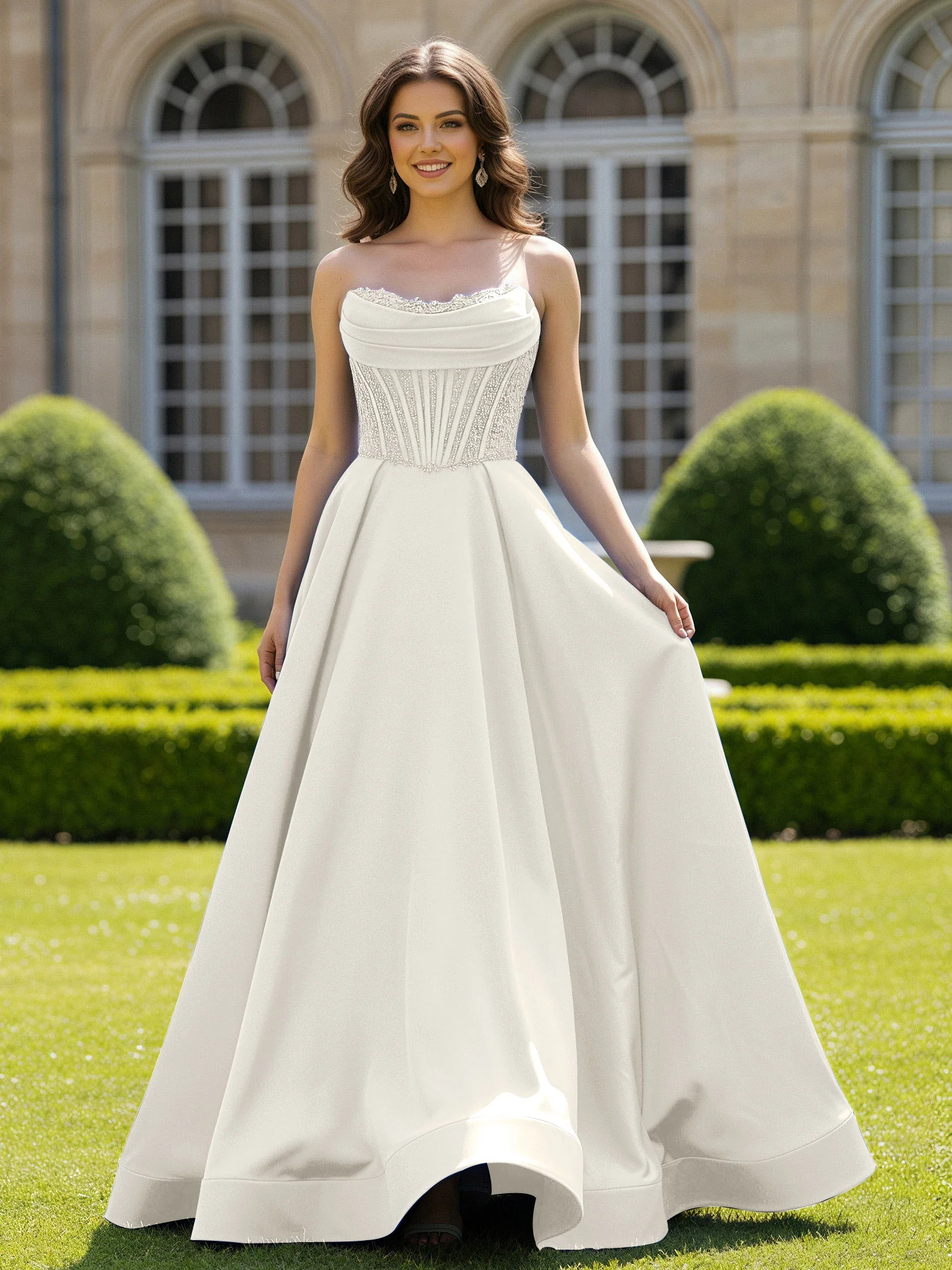 Satin Strapless Ball Gown Appliqued Prom Dress With Sweep Train Ivory