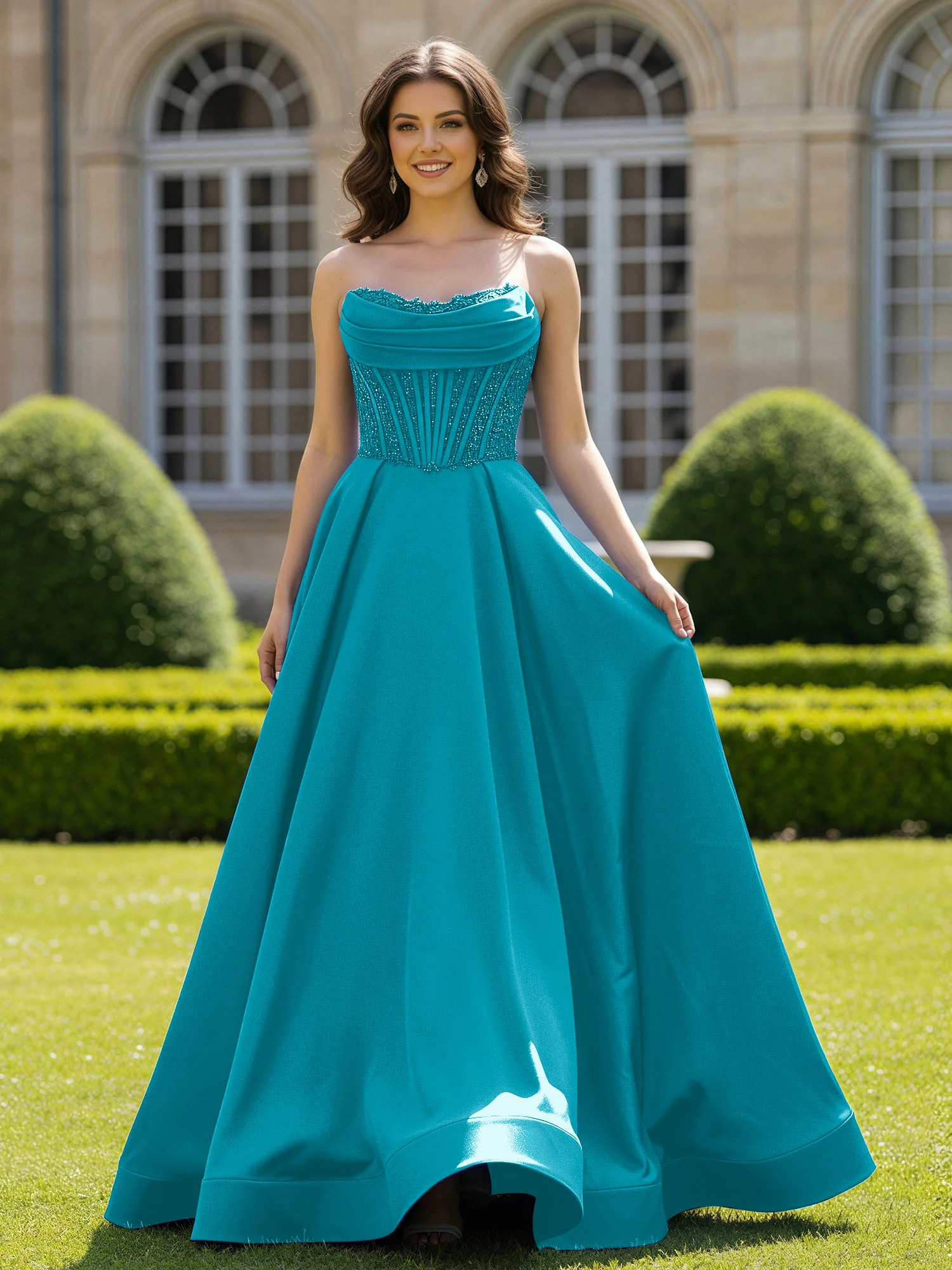 Satin Strapless Ball Gown Appliqued Prom Dress With Sweep Train Jade
