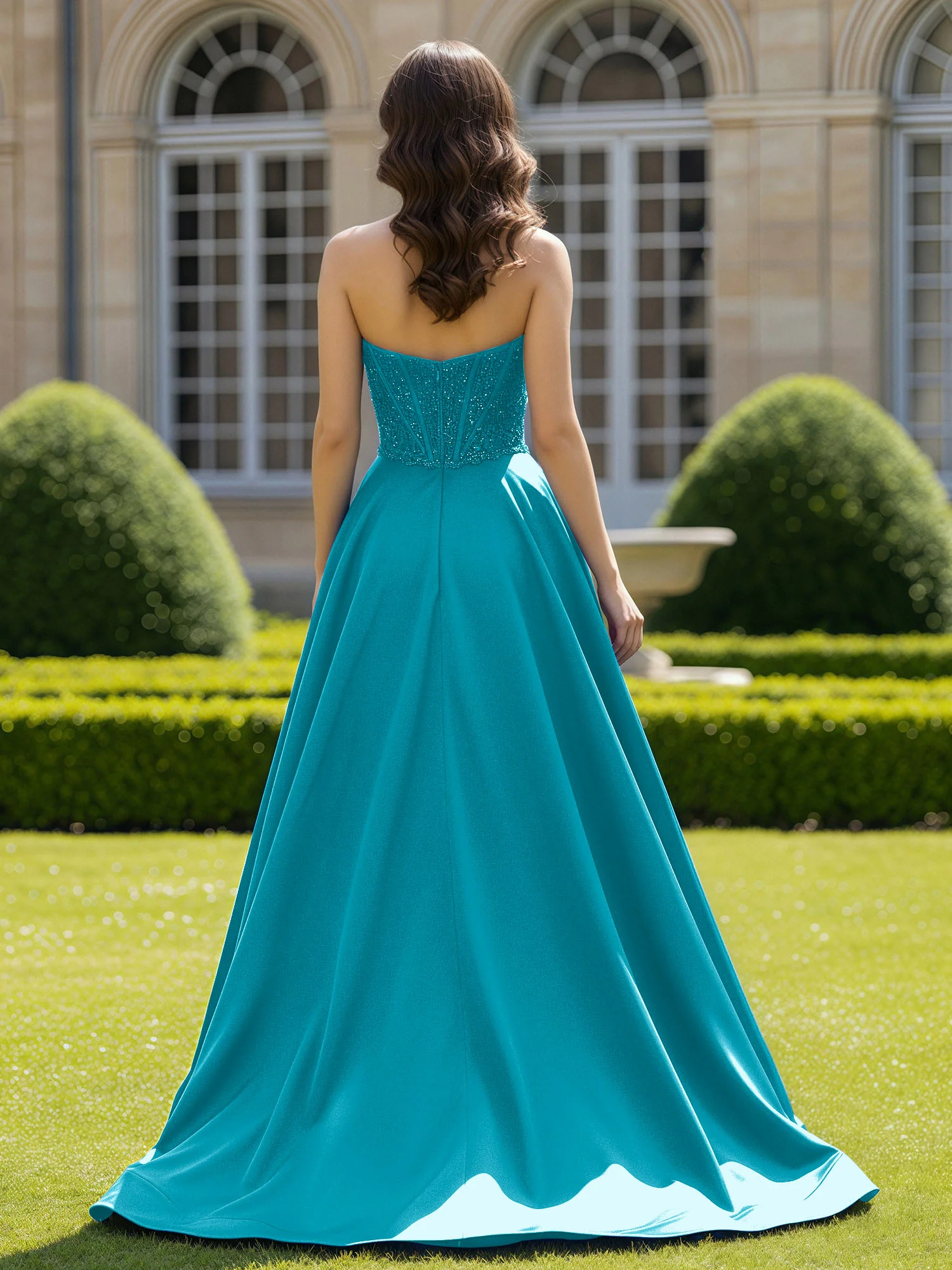 Satin Strapless Ball Gown Appliqued Prom Dress With Sweep Train Jade - Image 2