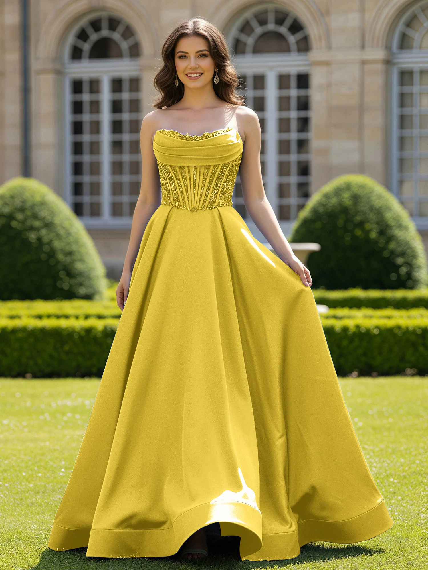 Satin Strapless Ball Gown Appliqued Prom Dress With Sweep Train Marigold