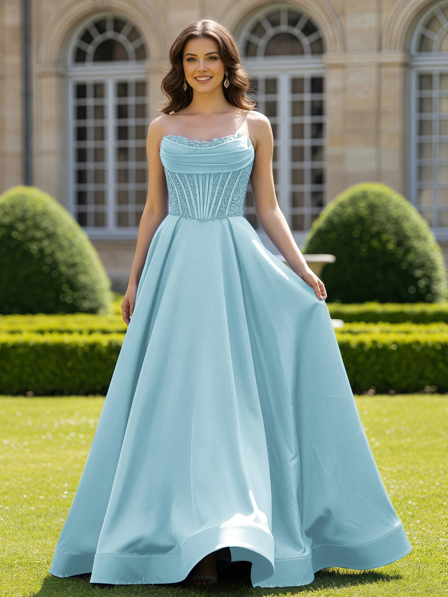 Satin Strapless Ball Gown Appliqued Prom Dress With Sweep Train Mist