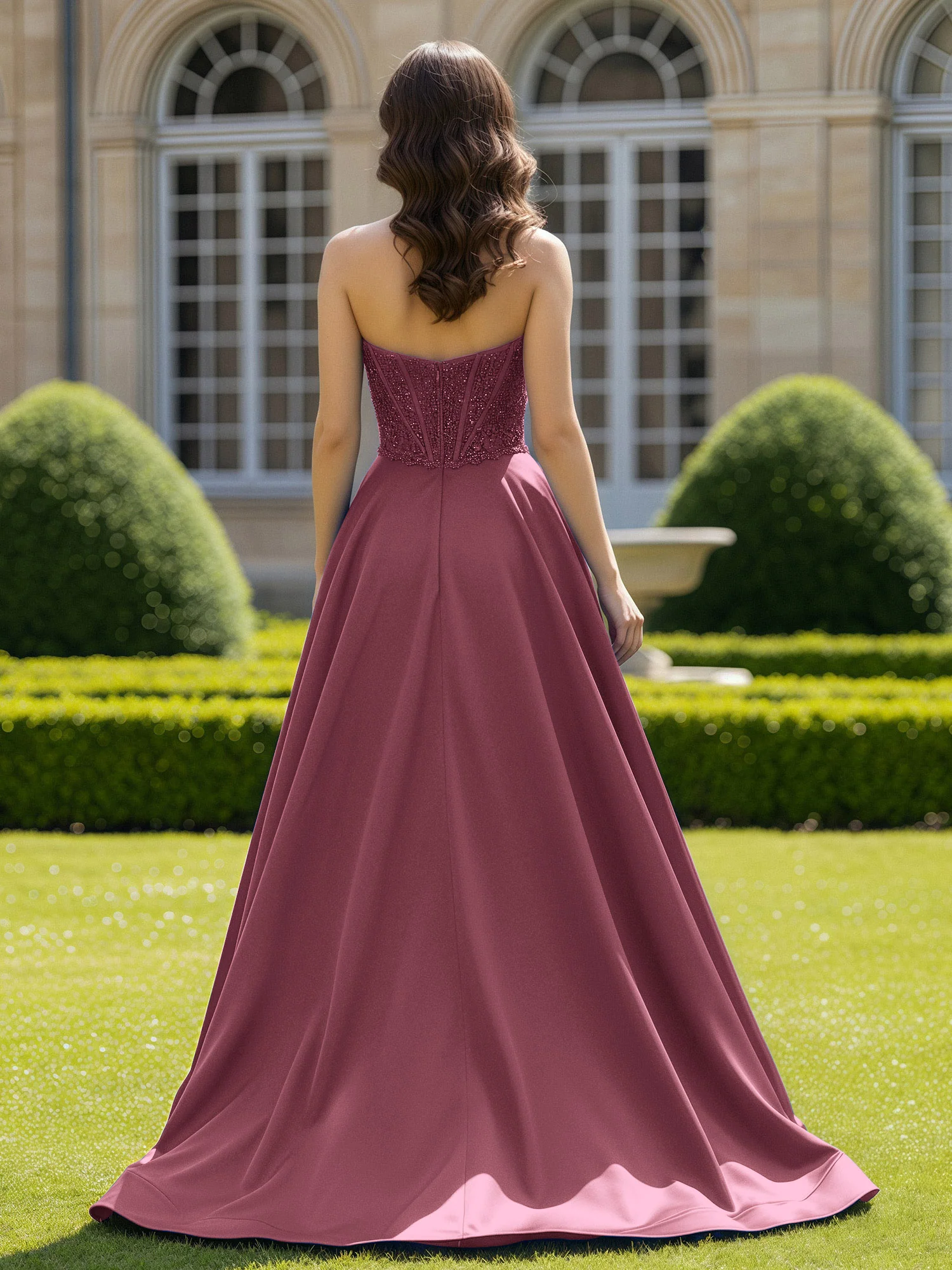 Satin Strapless Ball Gown Appliqued Prom Dress With Sweep Train Mulberry - Image 2