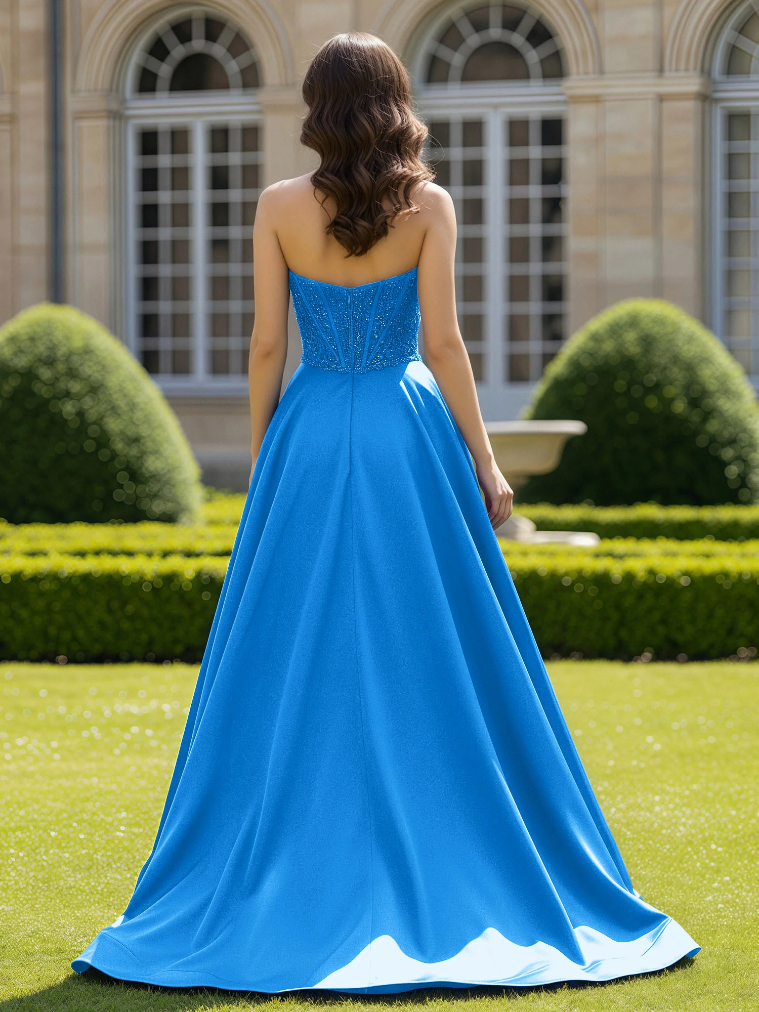 Satin Strapless Ball Gown Appliqued Prom Dress With Sweep Train Ocean Blue - Image 2