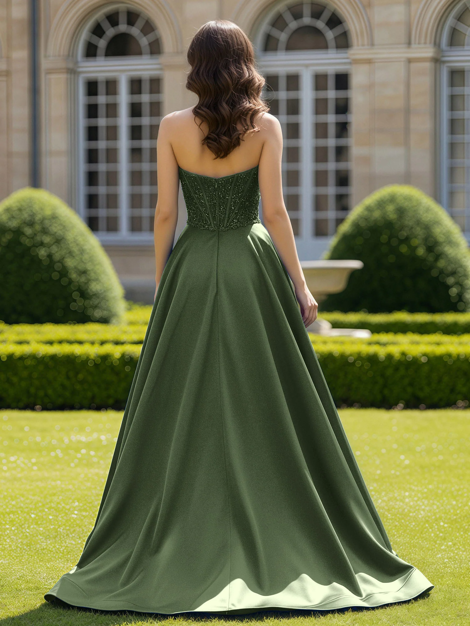 Satin Strapless Ball Gown Appliqued Prom Dress With Sweep Train Olive Green - Image 2