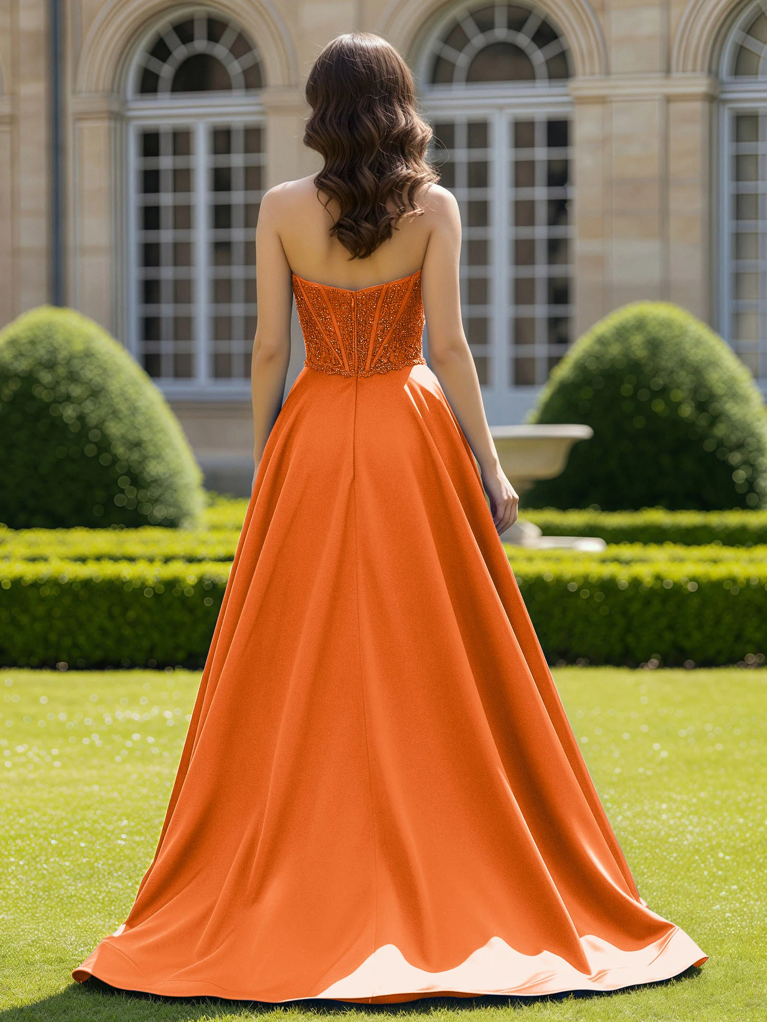 Satin Strapless Ball Gown Appliqued Prom Dress With Sweep Train Orange - Image 2