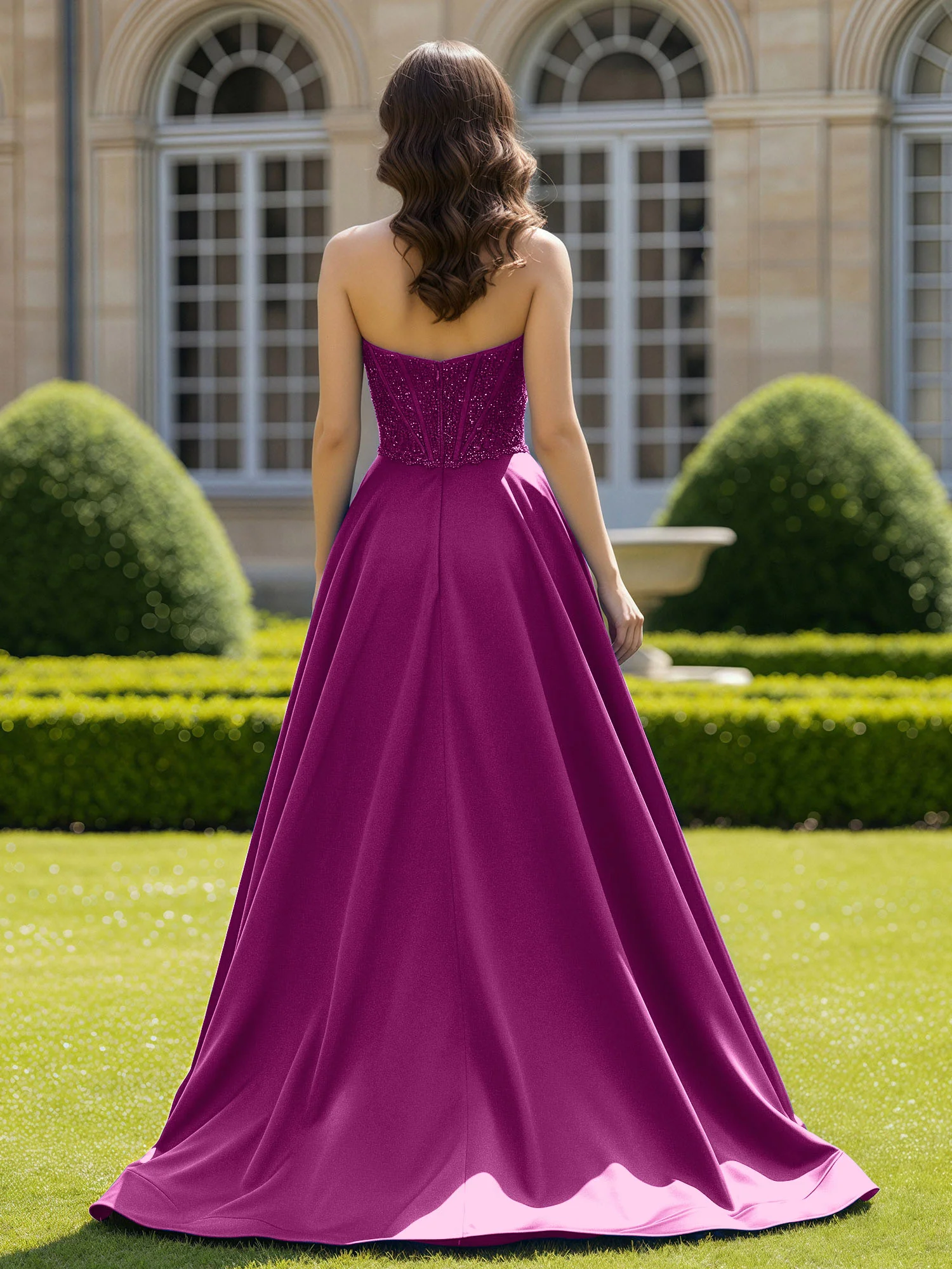 Satin Strapless Ball Gown Appliqued Prom Dress With Sweep Train Orchid - Image 2