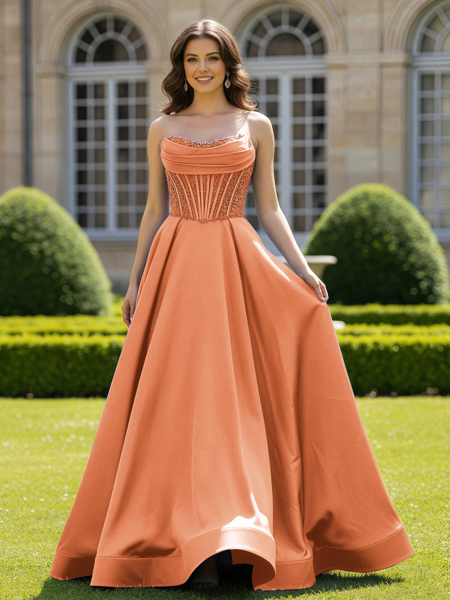 Satin Strapless Ball Gown Appliqued Prom Dress With Sweep Train Papaya