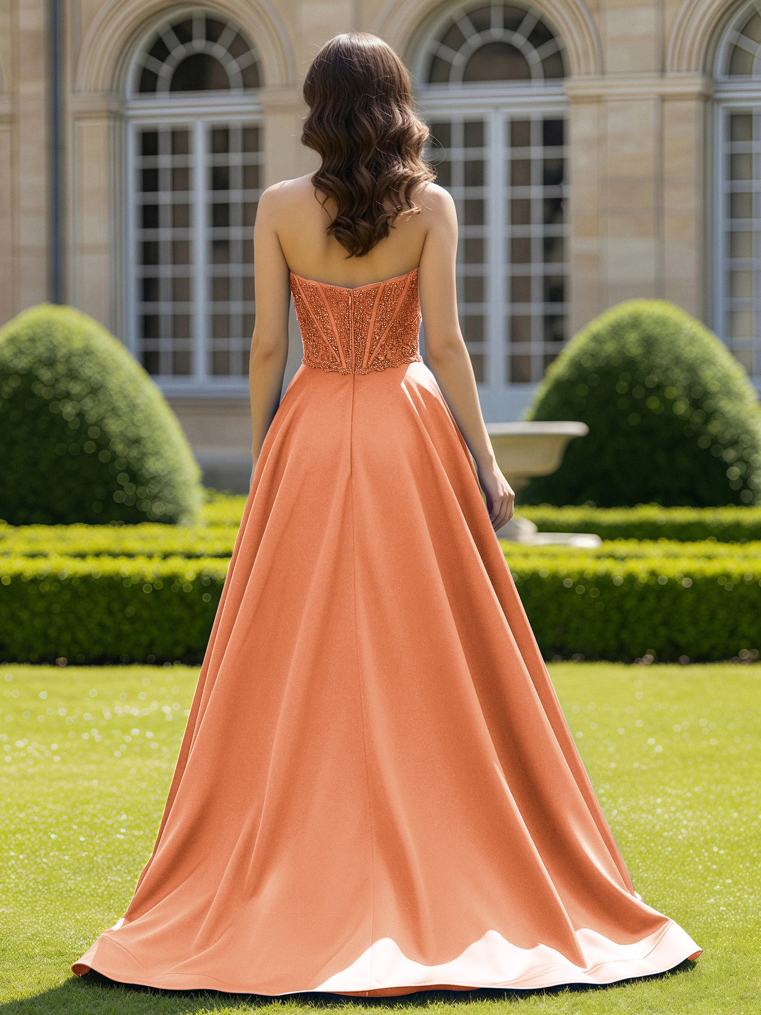 Satin Strapless Ball Gown Appliqued Prom Dress With Sweep Train Papaya - Image 2