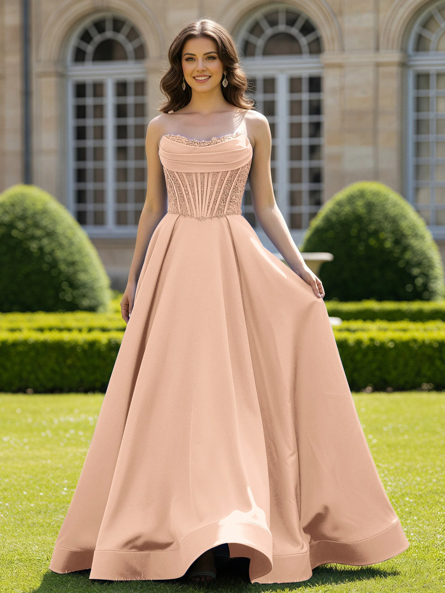 Satin Strapless Ball Gown Appliqued Prom Dress With Sweep Train Peach