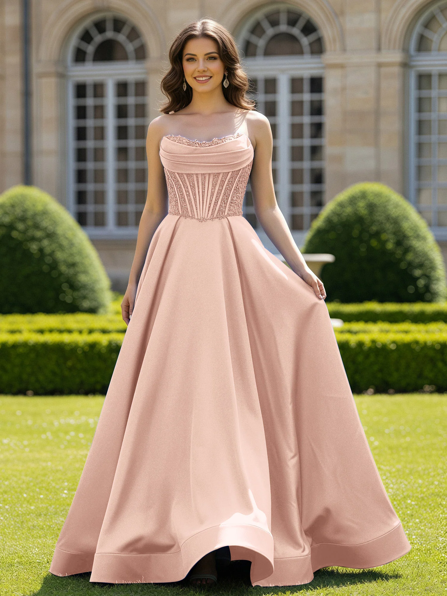 Satin Strapless Ball Gown Appliqued Prom Dress With Sweep Train Pearl Pink