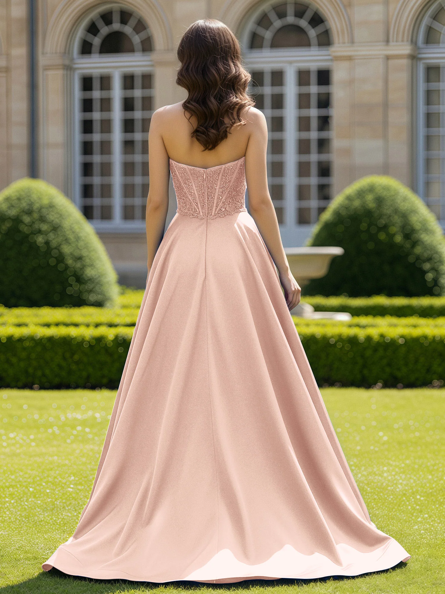 Satin Strapless Ball Gown Appliqued Prom Dress With Sweep Train Pearl Pink - Image 2