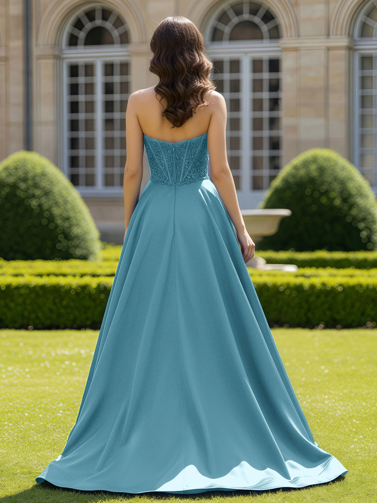 Satin Strapless Ball Gown Appliqued Prom Dress With Sweep Train Pool - Image 2