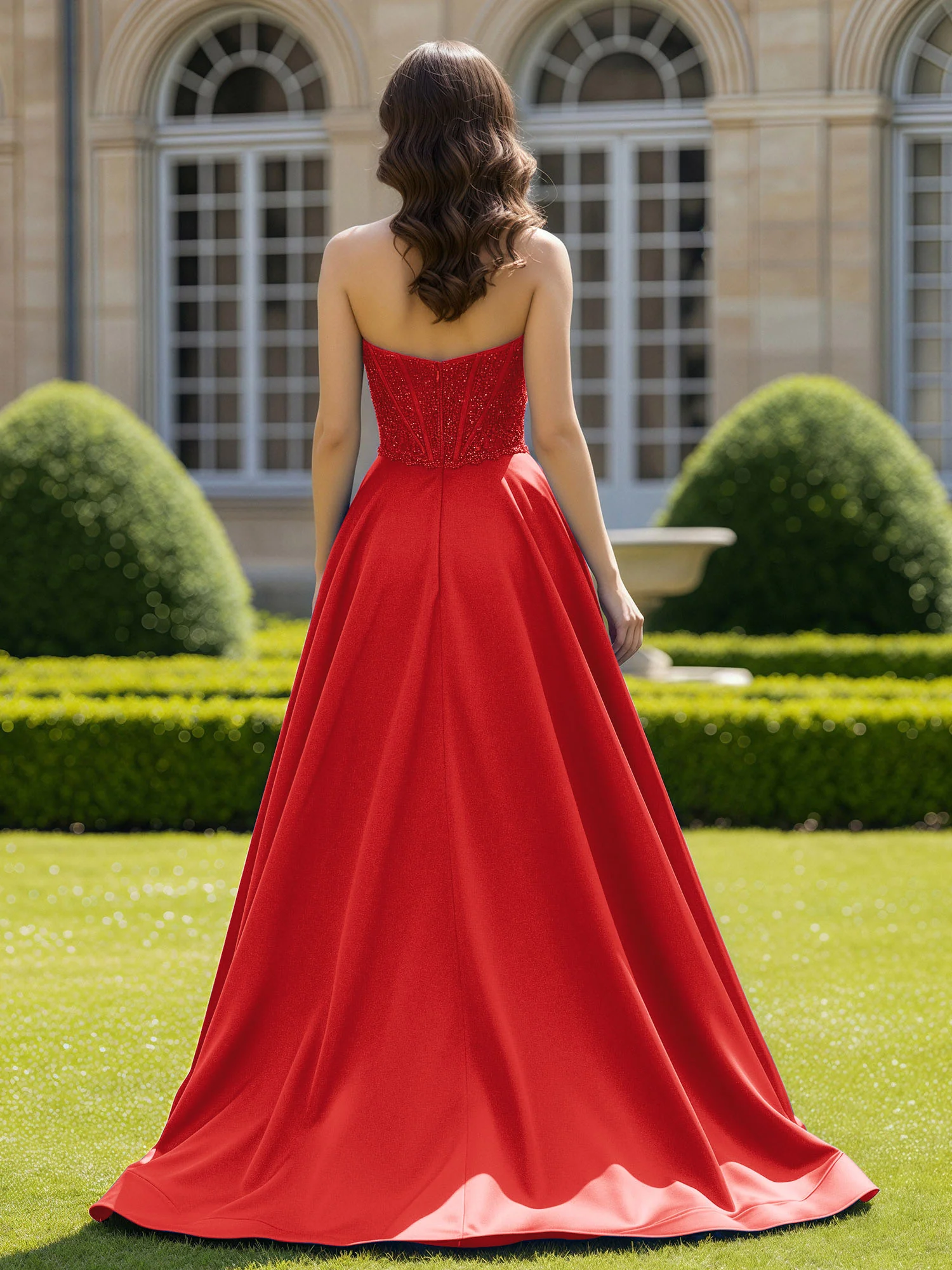 Satin Strapless Ball Gown Appliqued Prom Dress With Sweep Train Red - Image 2
