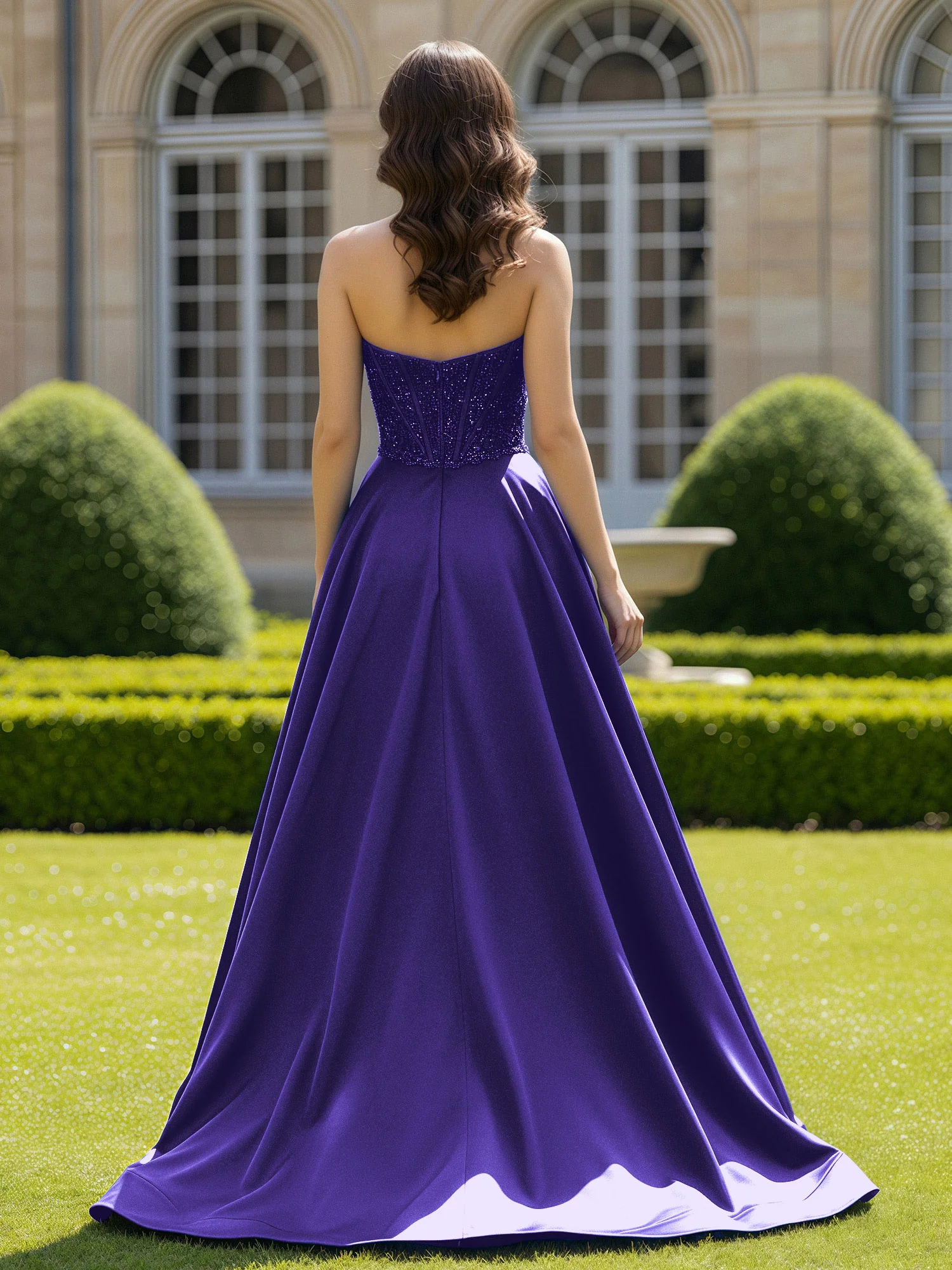 Satin Strapless Ball Gown Appliqued Prom Dress With Sweep Train Regency - Image 2