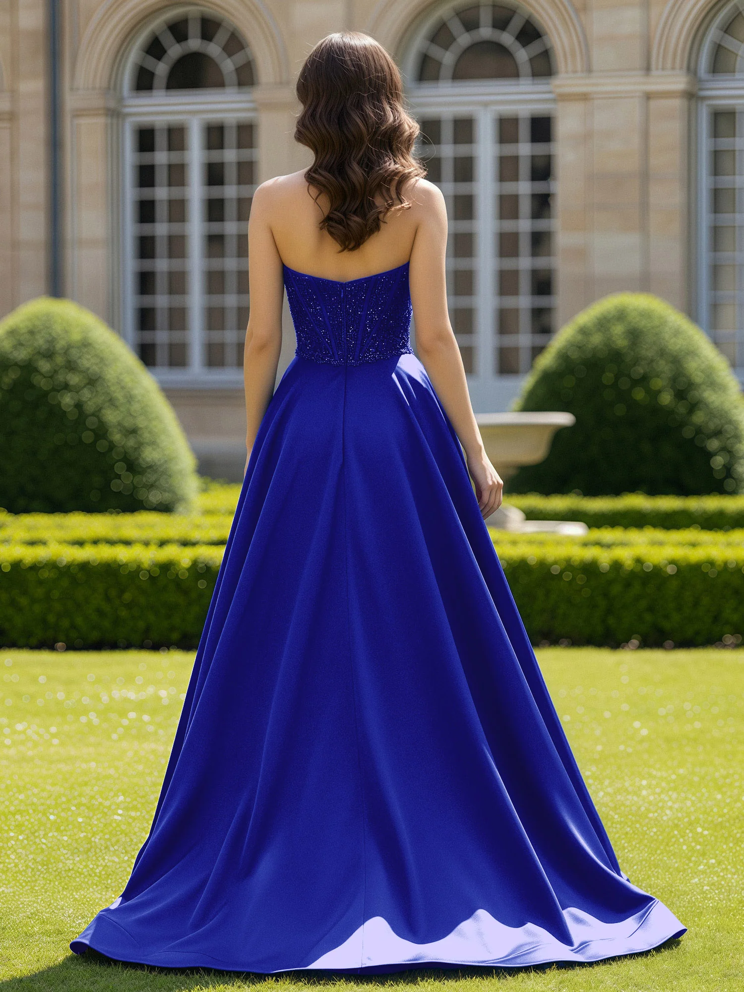 Satin Strapless Ball Gown Appliqued Prom Dress With Sweep Train Royal Blue - Image 2