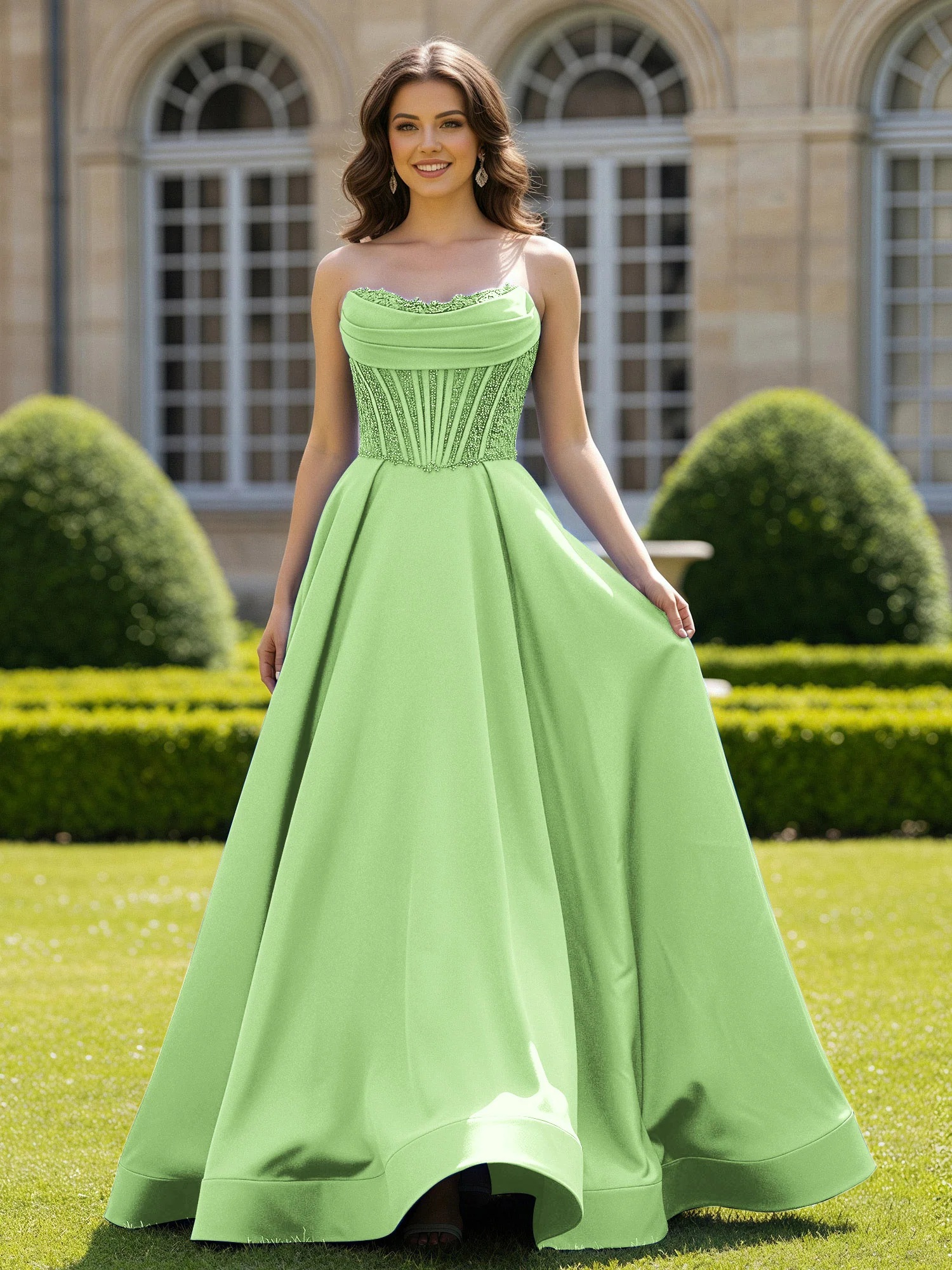 Satin Strapless Ball Gown Appliqued Prom Dress With Sweep Train Sage