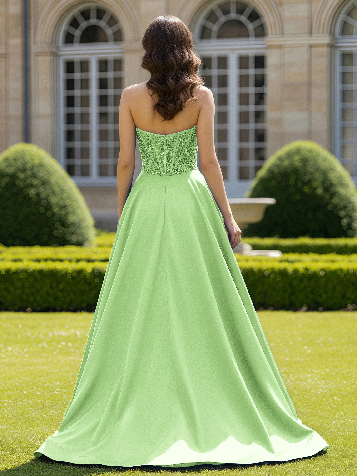 Satin Strapless Ball Gown Appliqued Prom Dress With Sweep Train Sage - Image 2