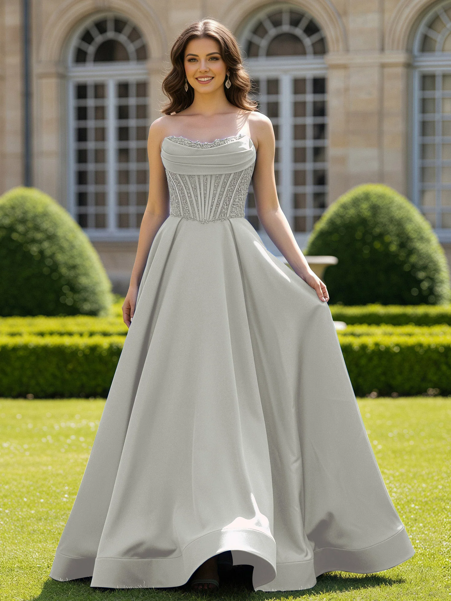Satin Strapless Ball Gown Appliqued Prom Dress With Sweep Train Silver
