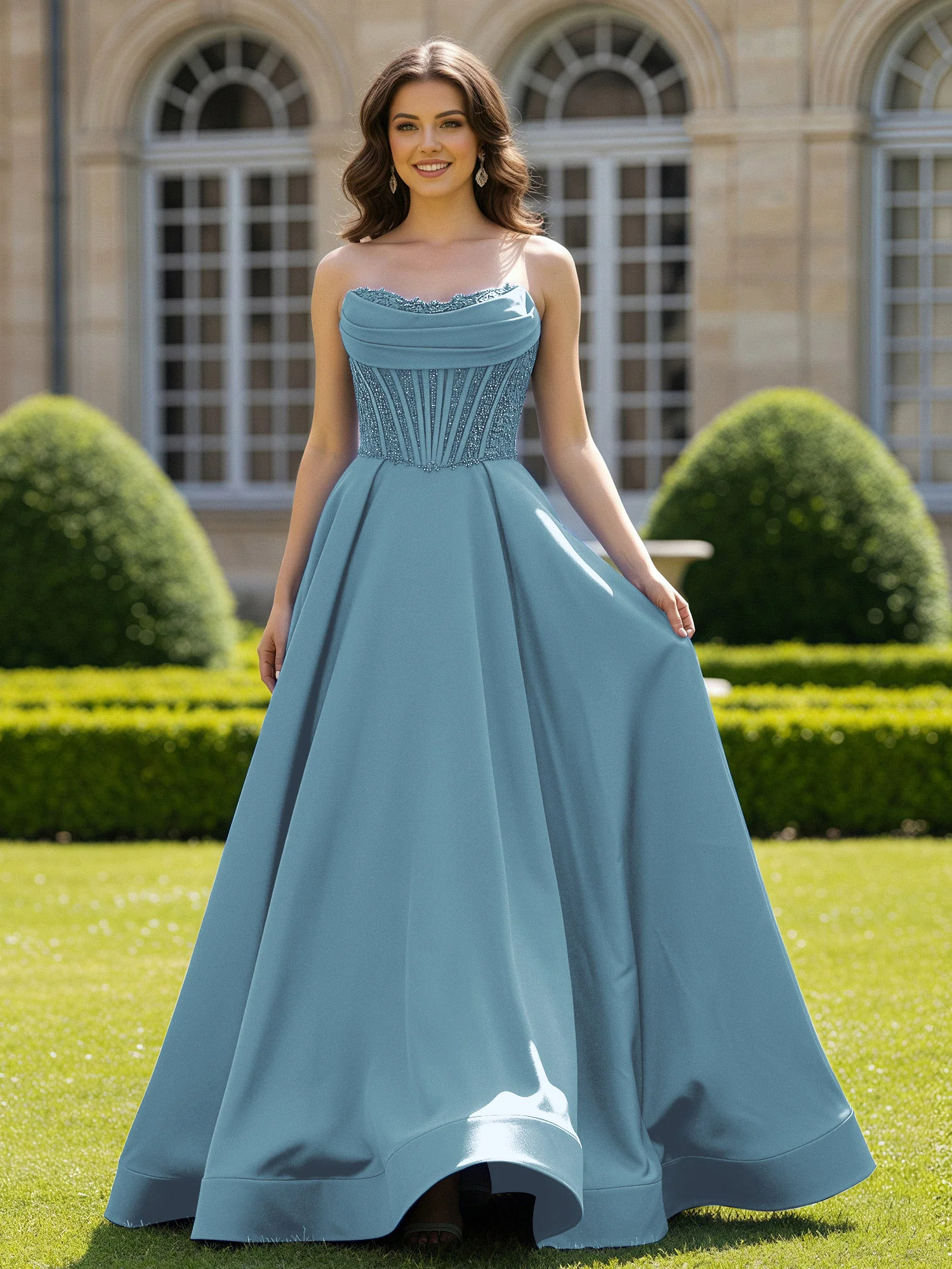 Satin Strapless Ball Gown Appliqued Prom Dress With Sweep Train Slate Blue