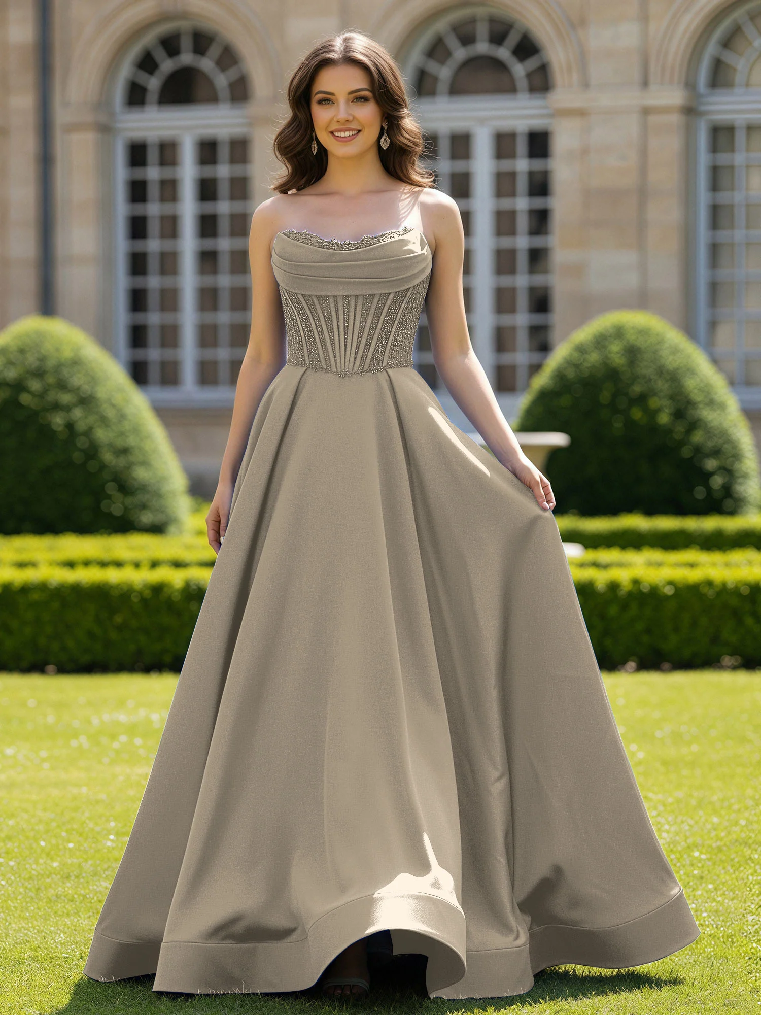 Satin Strapless Ball Gown Appliqued Prom Dress With Sweep Train Taupe