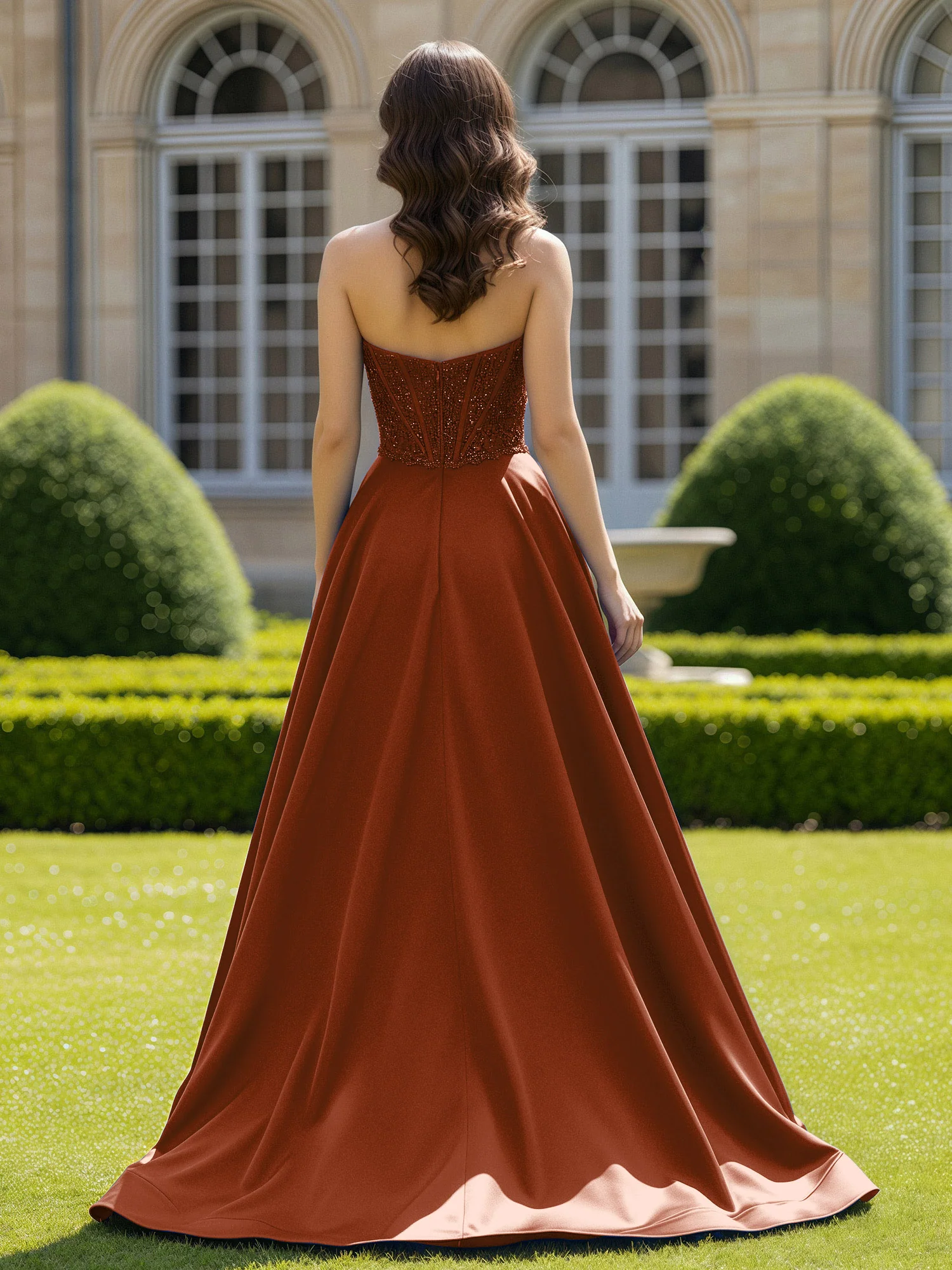 Satin Strapless Ball Gown Appliqued Prom Dress With Sweep Train Terracotta - Image 2