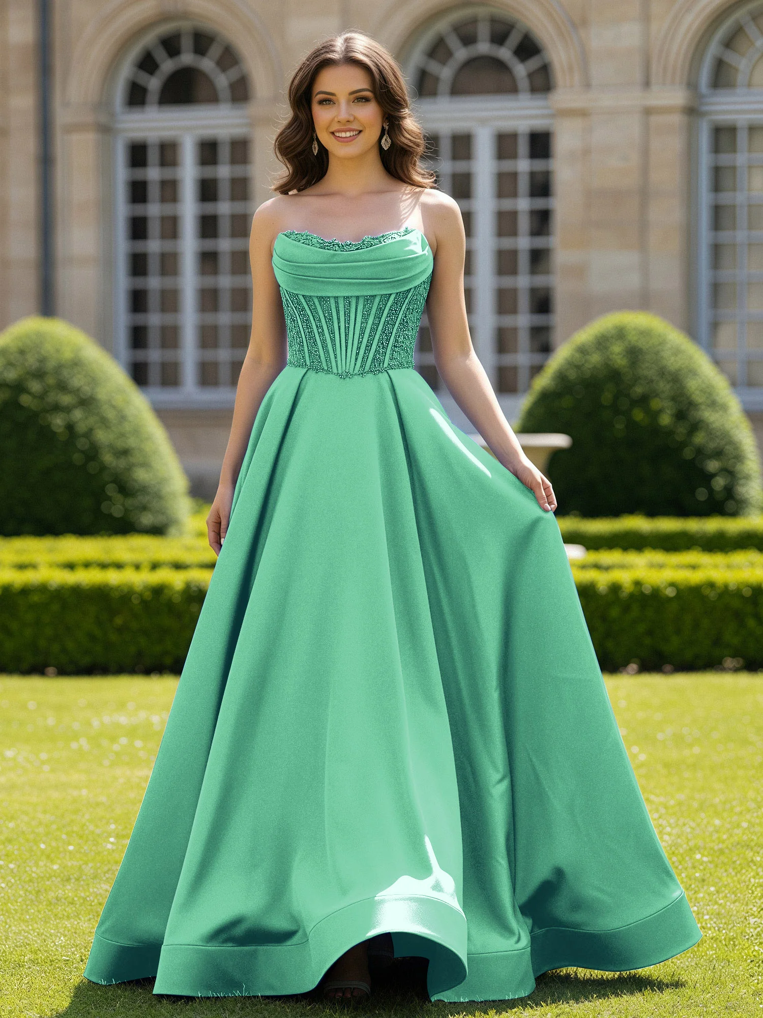 Satin Strapless Ball Gown Appliqued Prom Dress With Sweep Train Turquoise