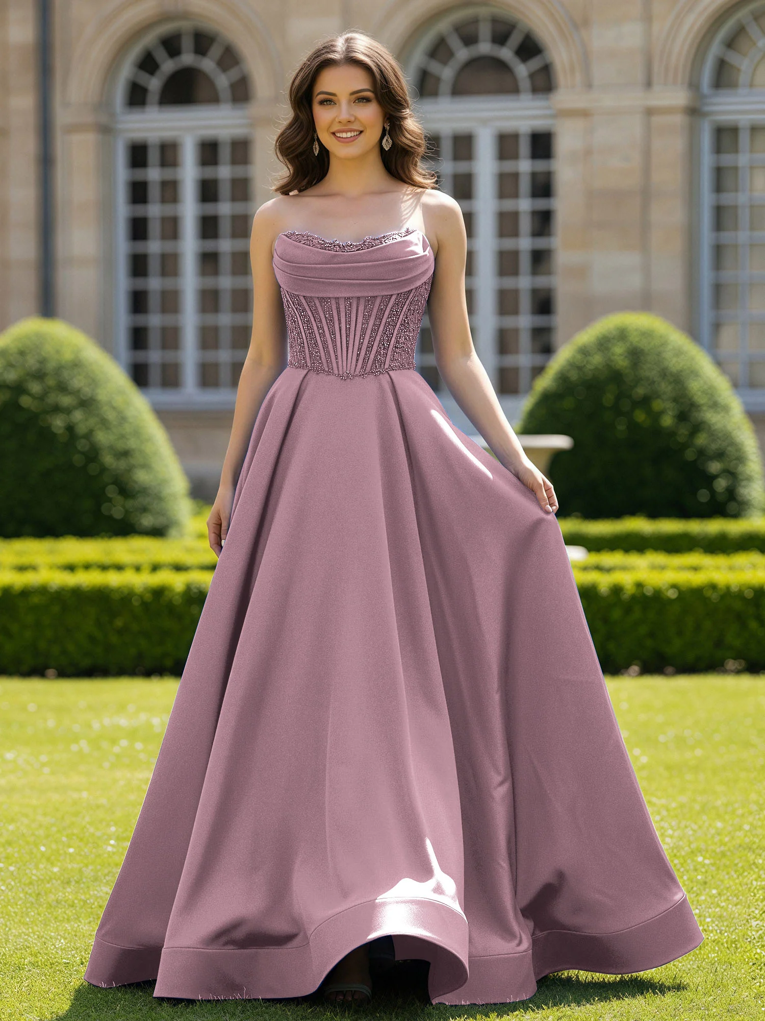 Satin Strapless Ball Gown Appliqued Prom Dress With Sweep Train Vintage Mauve