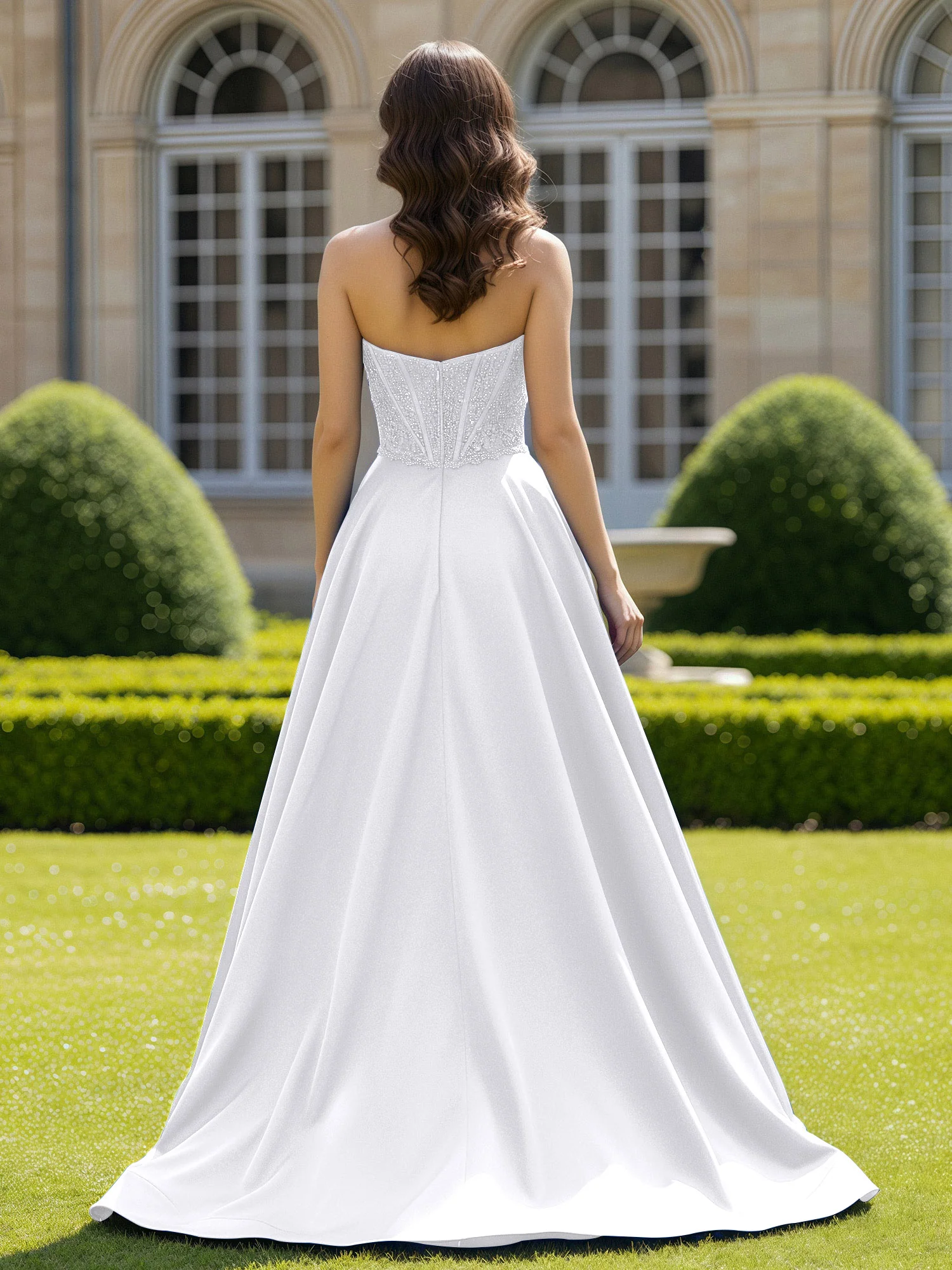 Satin Strapless Ball Gown Appliqued Prom Dress With Sweep Train White - Image 2
