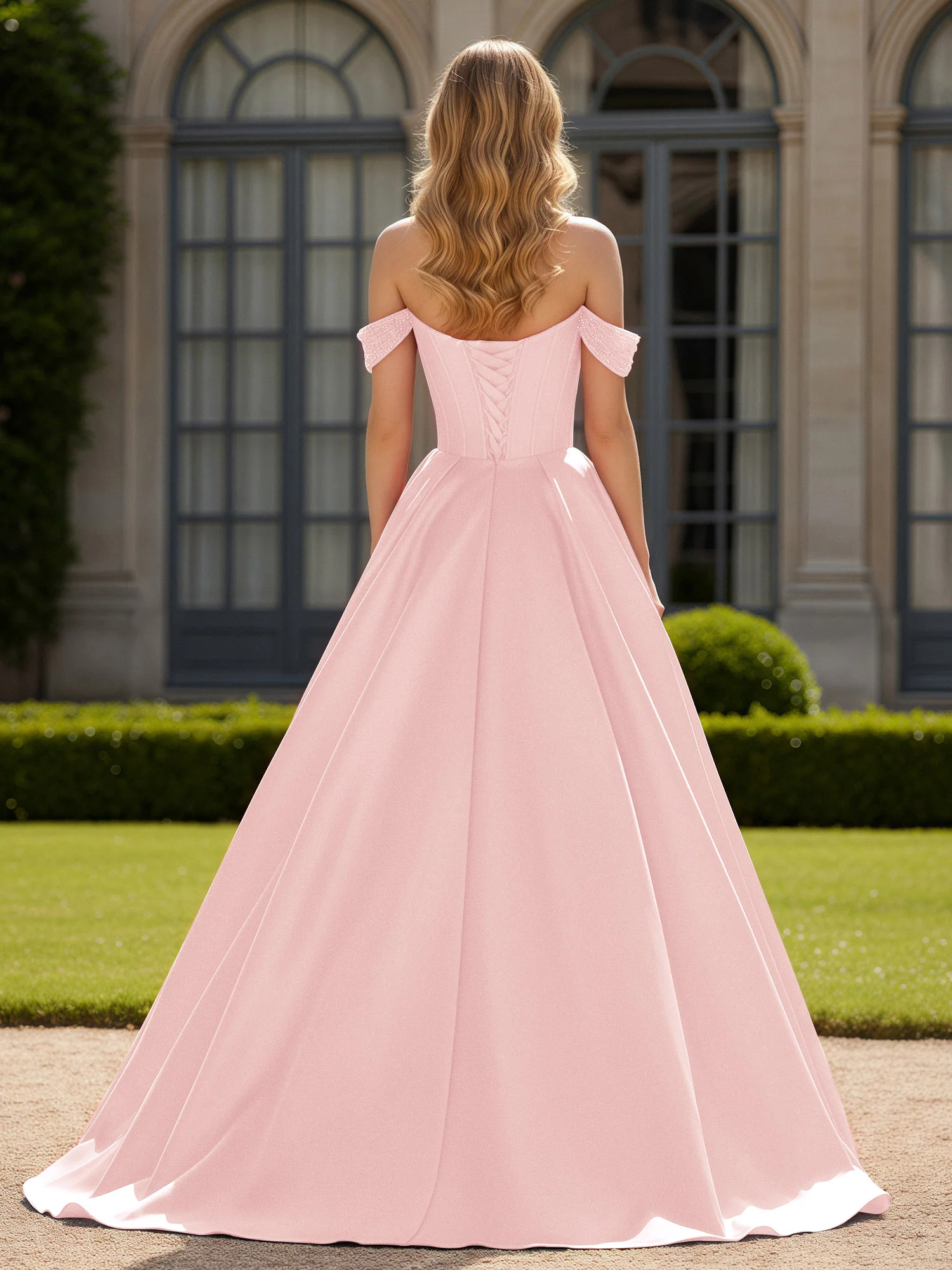 Off-Shoulder Beaded Sweetheart A-Line Gown with Slit Blushing Pink - Image 2