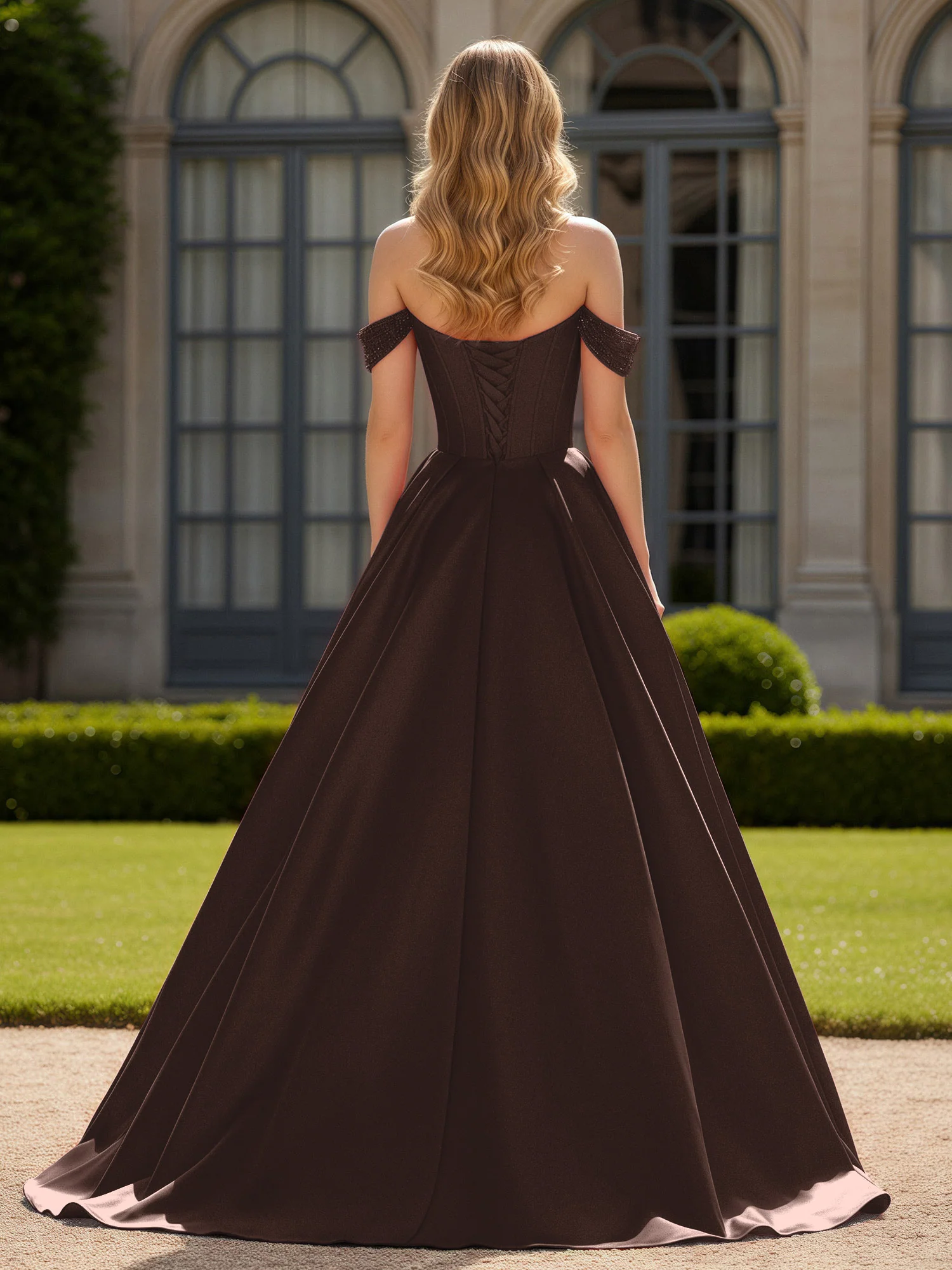 Off-Shoulder Beaded Sweetheart A-Line Gown with Slit Chocolate - Image 2