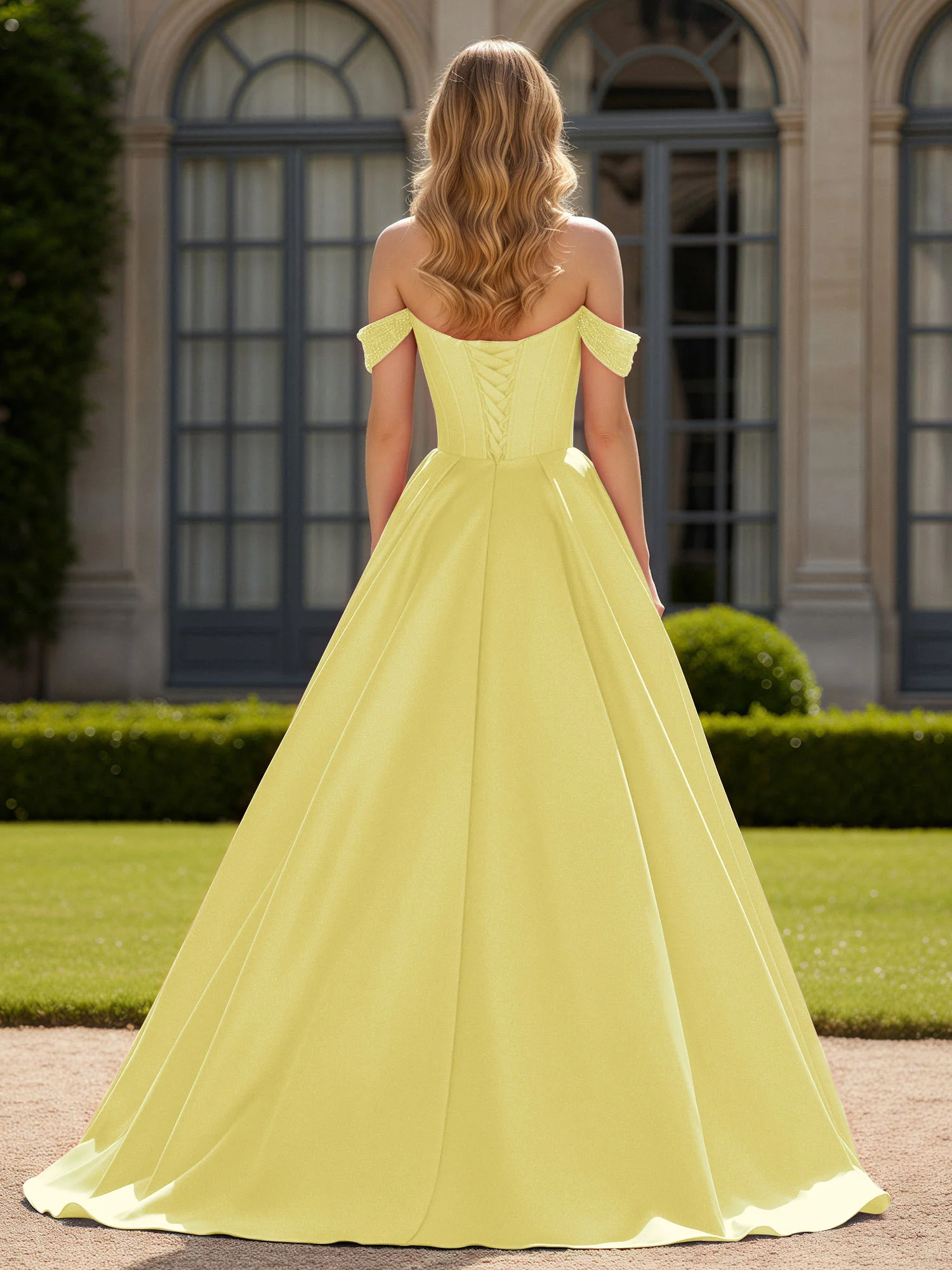 Off-Shoulder Beaded Sweetheart A-Line Gown with Slit Daffodil - Image 2