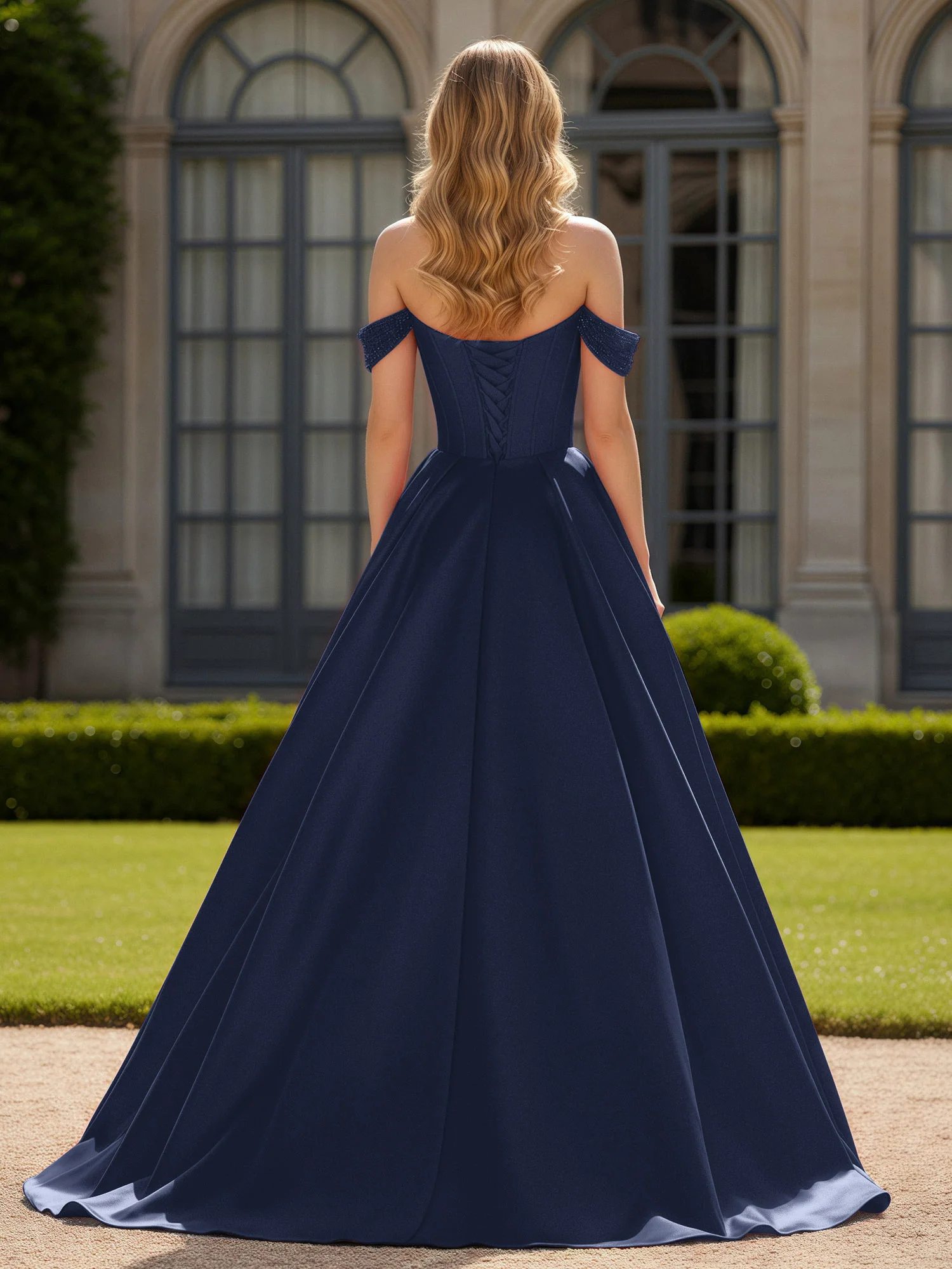 Off-Shoulder Beaded Sweetheart A-Line Gown with Slit Dark Navy - Image 2