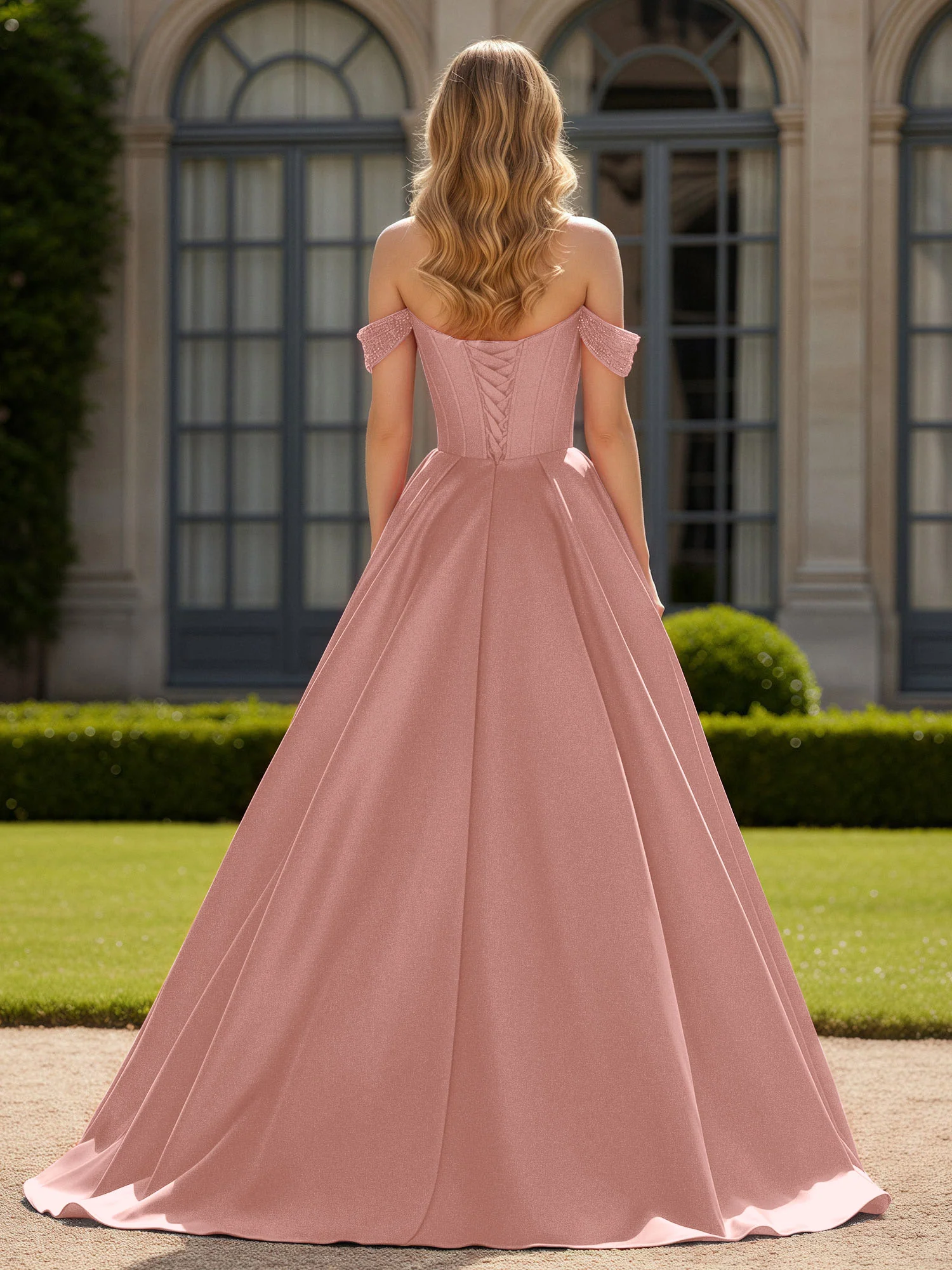 Off-Shoulder Beaded Sweetheart A-Line Gown with Slit Dusty Rose - Image 2