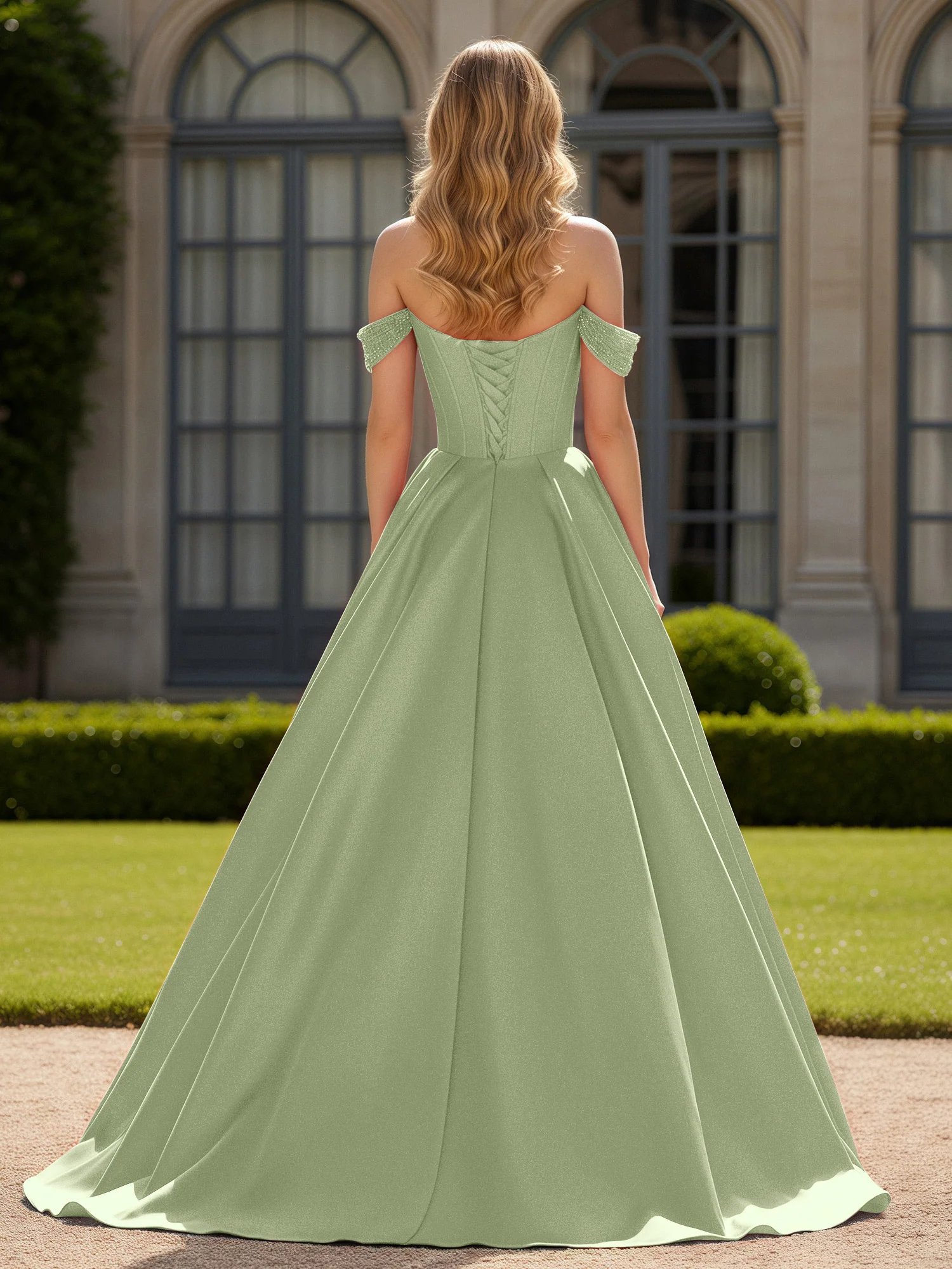 Off-Shoulder Beaded Sweetheart A-Line Gown with Slit Dusty Sage - Image 2