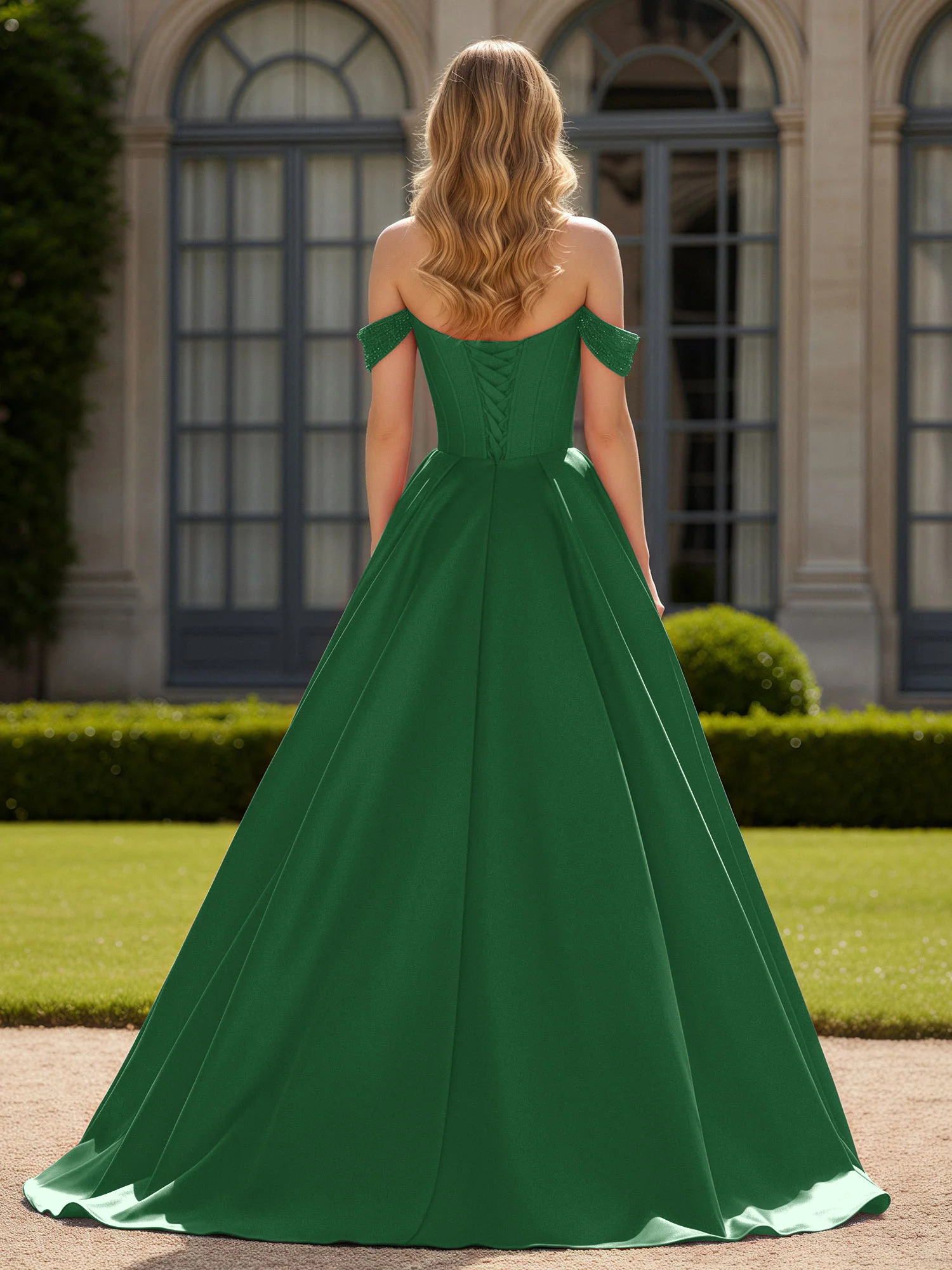 Off-Shoulder Beaded Sweetheart A-Line Gown with Slit Emerald - Image 2