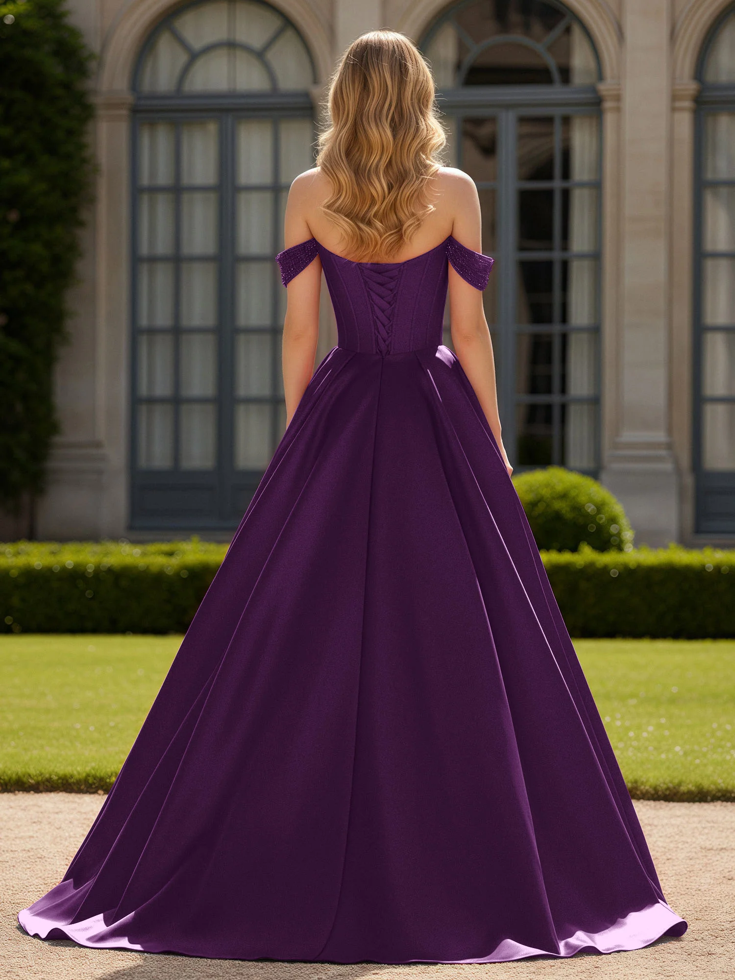 Off-Shoulder Beaded Sweetheart A-Line Gown with Slit Grape - Image 2