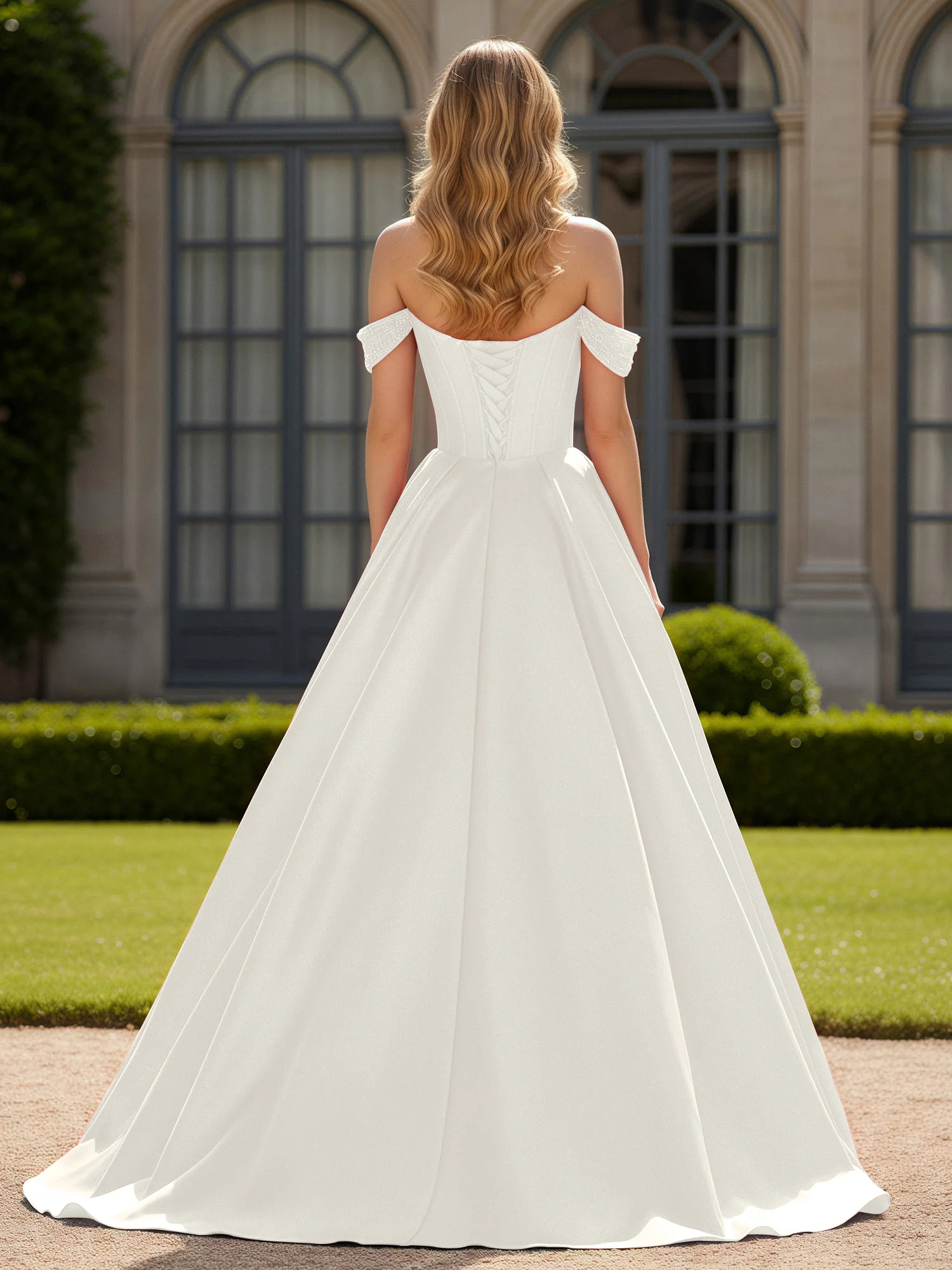 Off-Shoulder Beaded Sweetheart A-Line Gown with Slit Ivory - Image 2