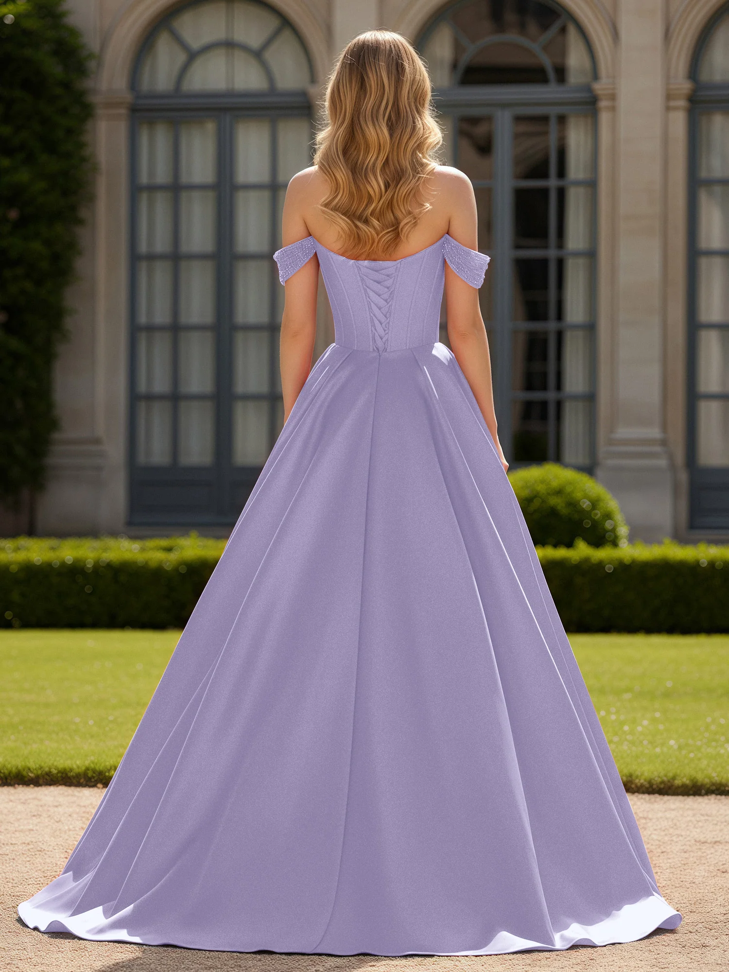Off-Shoulder Beaded Sweetheart A-Line Gown with Slit Lavender - Image 2