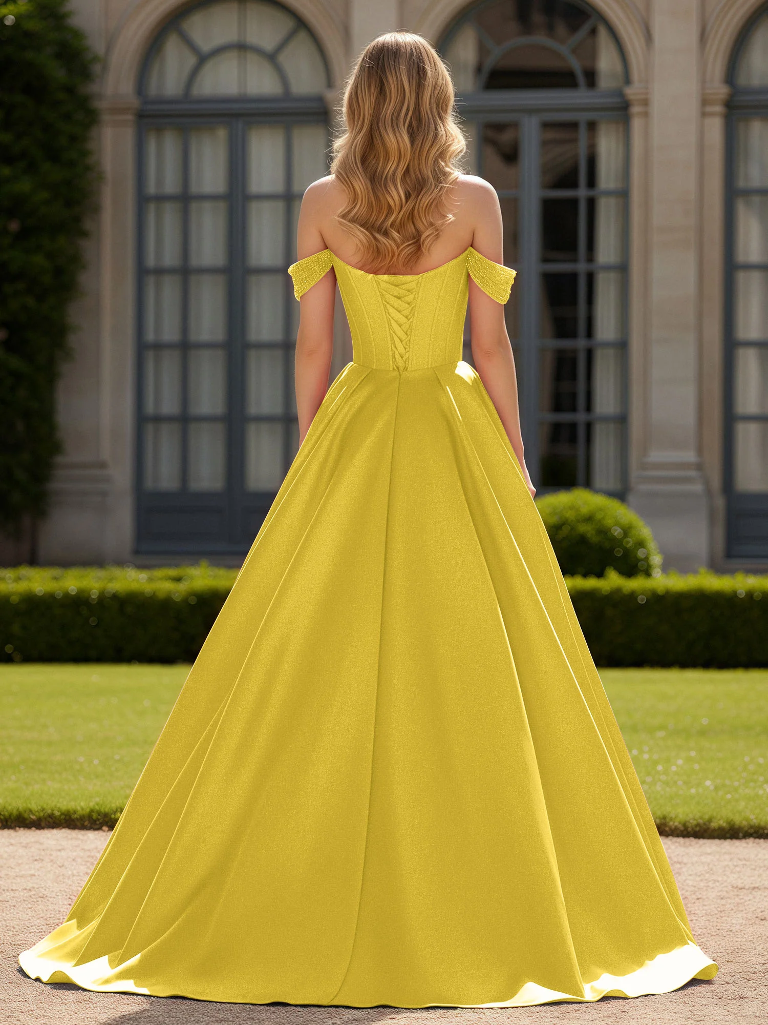 Off-Shoulder Beaded Sweetheart A-Line Gown with Slit Marigold - Image 2
