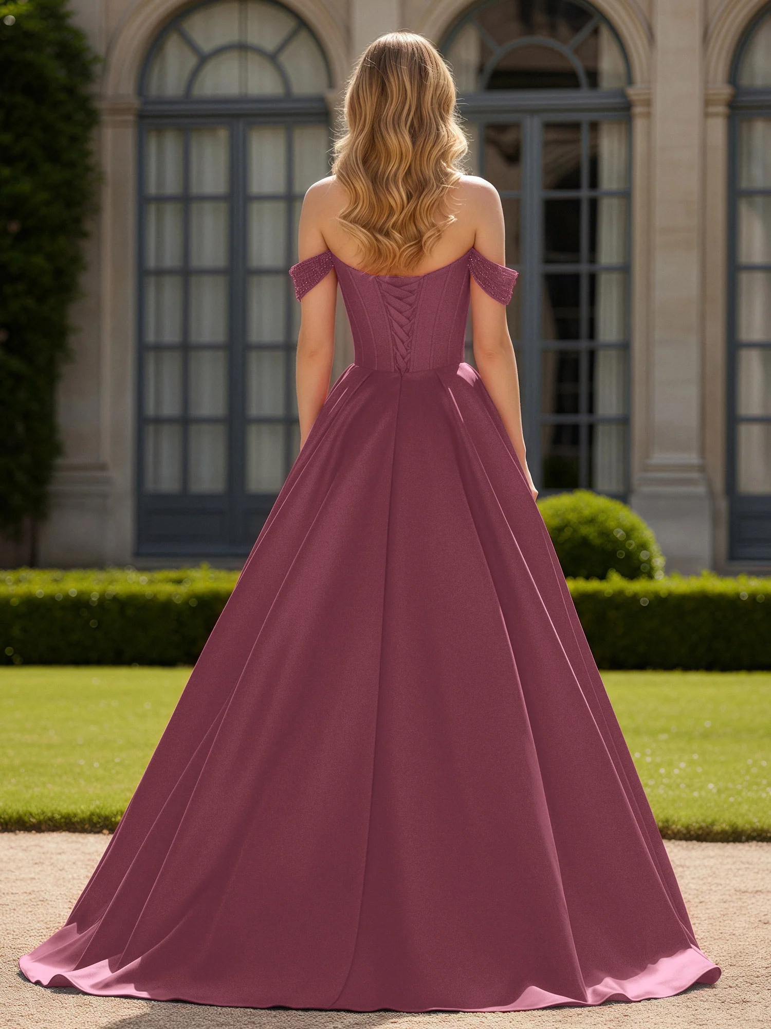 Off-Shoulder Beaded Sweetheart A-Line Gown with Slit Mulberry - Image 2