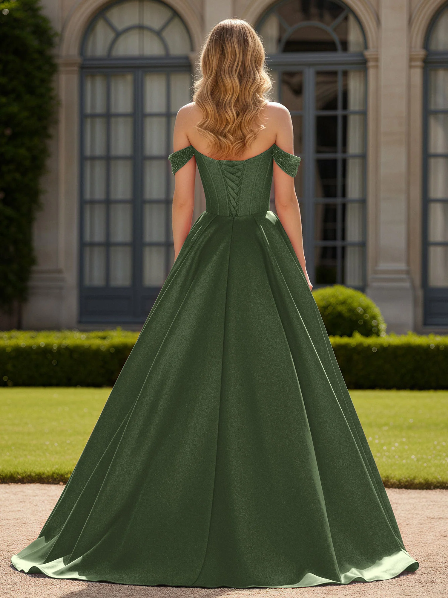 Off-Shoulder Beaded Sweetheart A-Line Gown with Slit Olive Green - Image 2