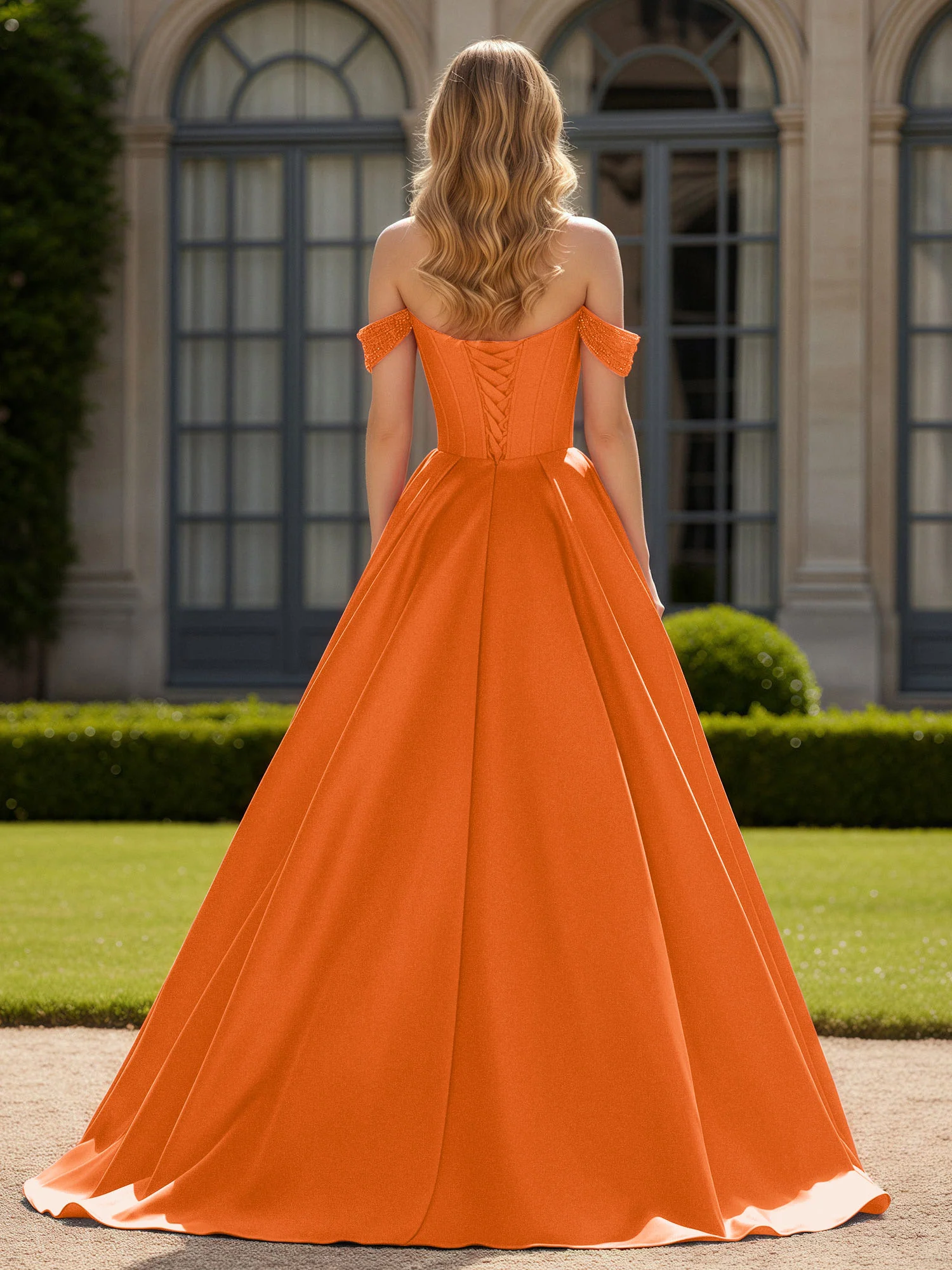 Off-Shoulder Beaded Sweetheart A-Line Gown with Slit Orange - Image 2